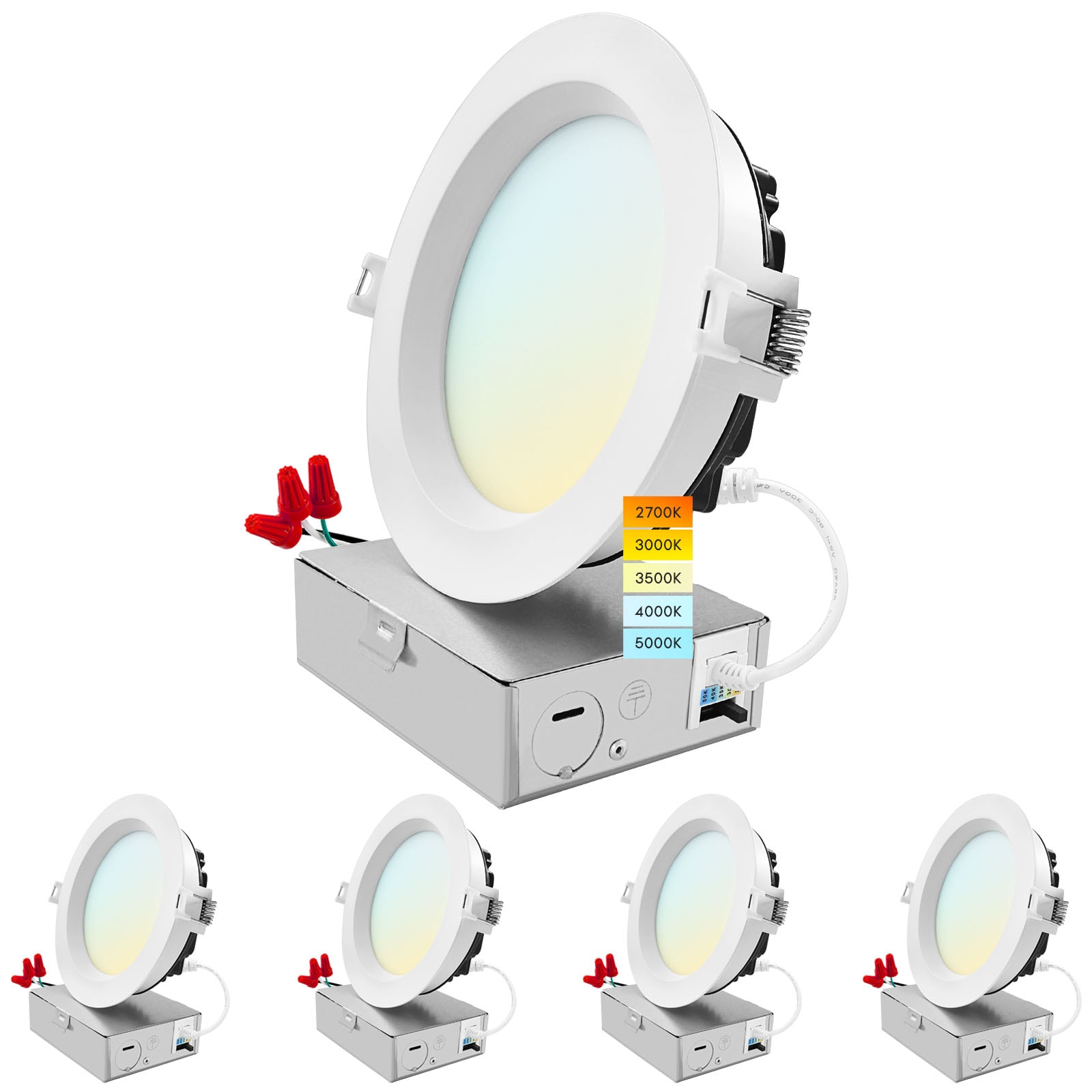 Luxrite LR22634-4PK White 5-in 1600 -Lumens Switchable white Round Dimmable LED Canless Wet rated Recessed Downlight 4 -Pack