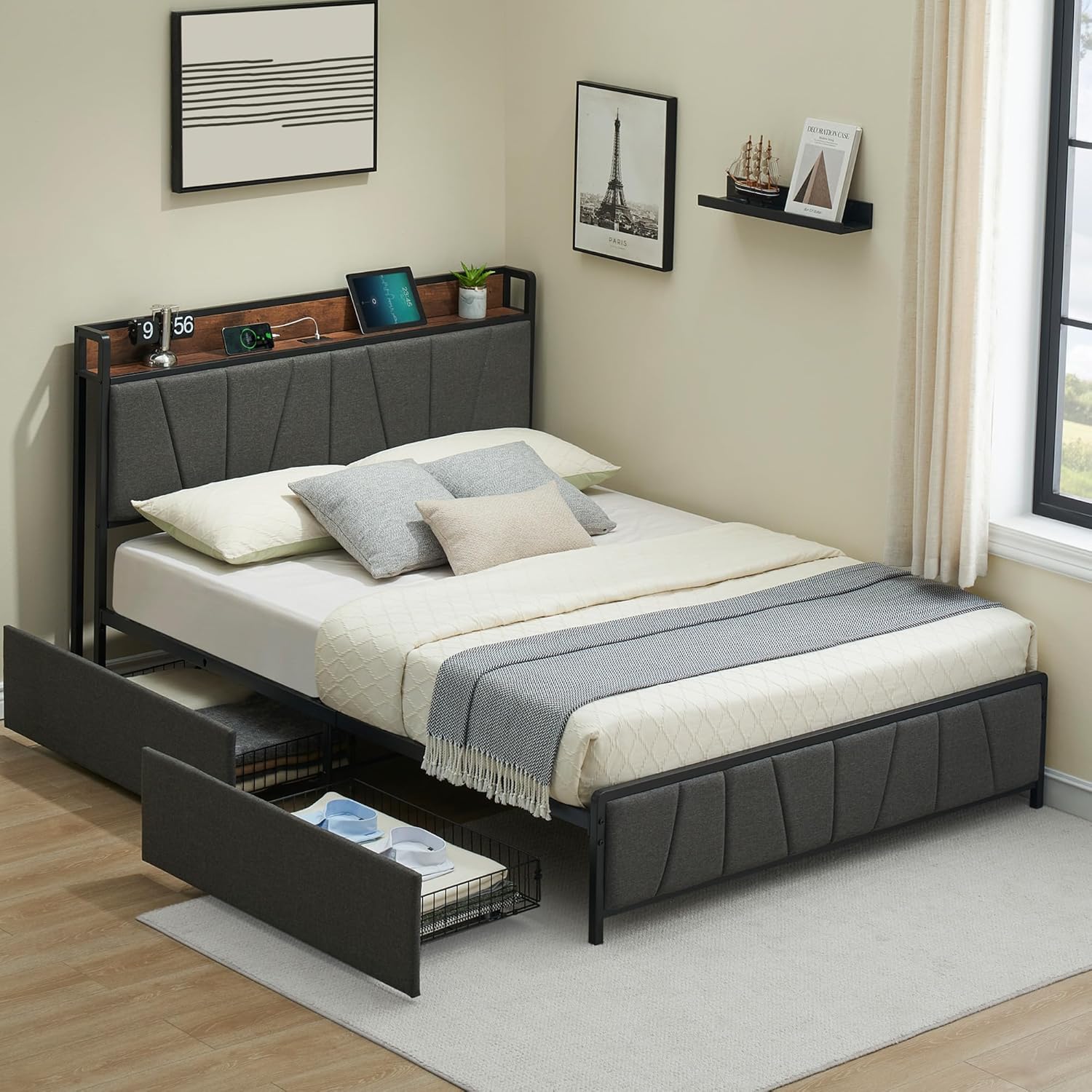 Qeetex LHF-BED-PHO-10VUTELC Full Size Bed Frame with 2 Storage Drawers and Charging Station Rustic Linen Upholstered Platform Bedframe with Storage Headboard Heavy Duty No Box Spring Needed Easy Assembly Noise Free