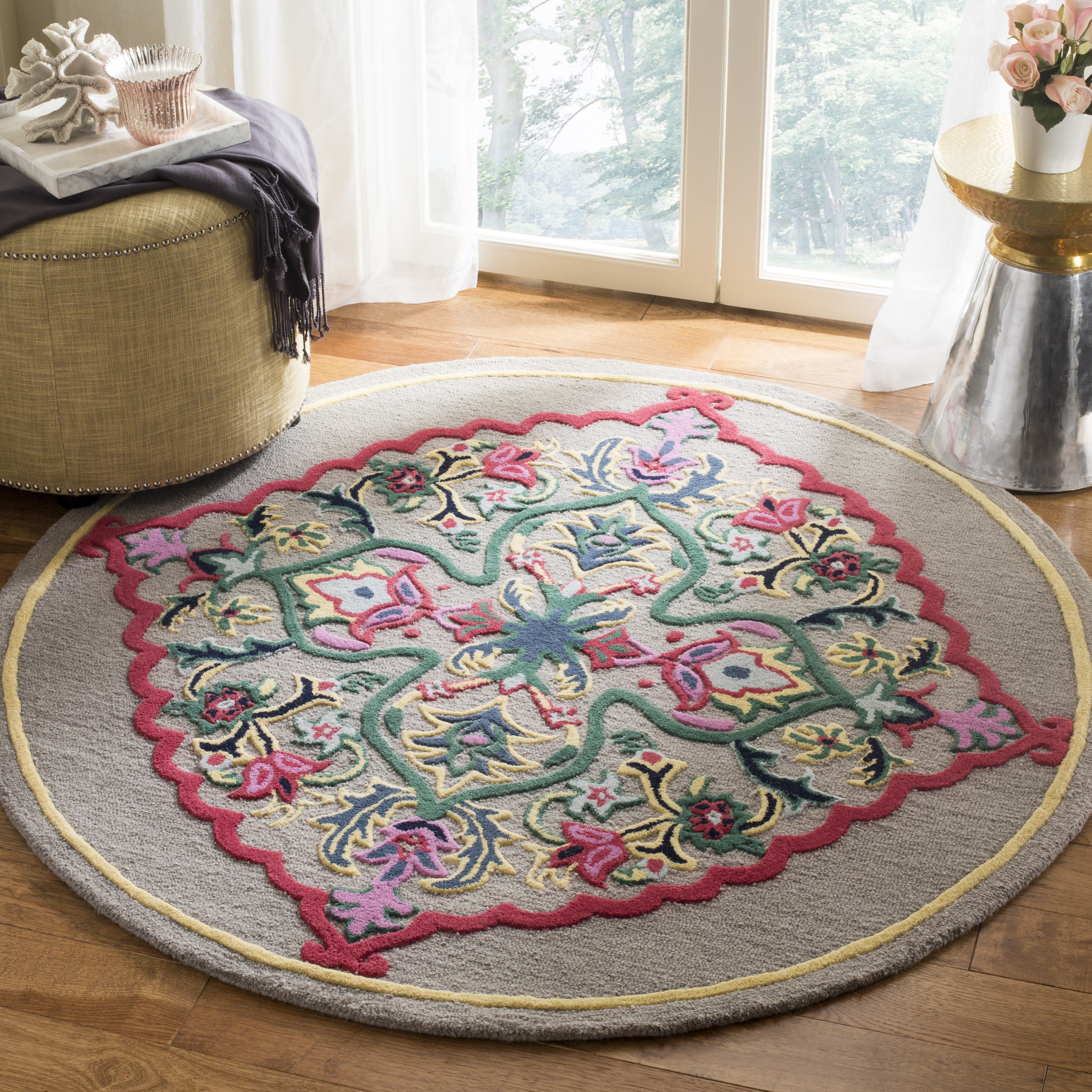 Safavieh BLG605D-5R Bellagio Nijar 5 x 5 (ft) Tufted Wool Dark Gray/Multi Round Indoor Floral/Botanical Global Area rug