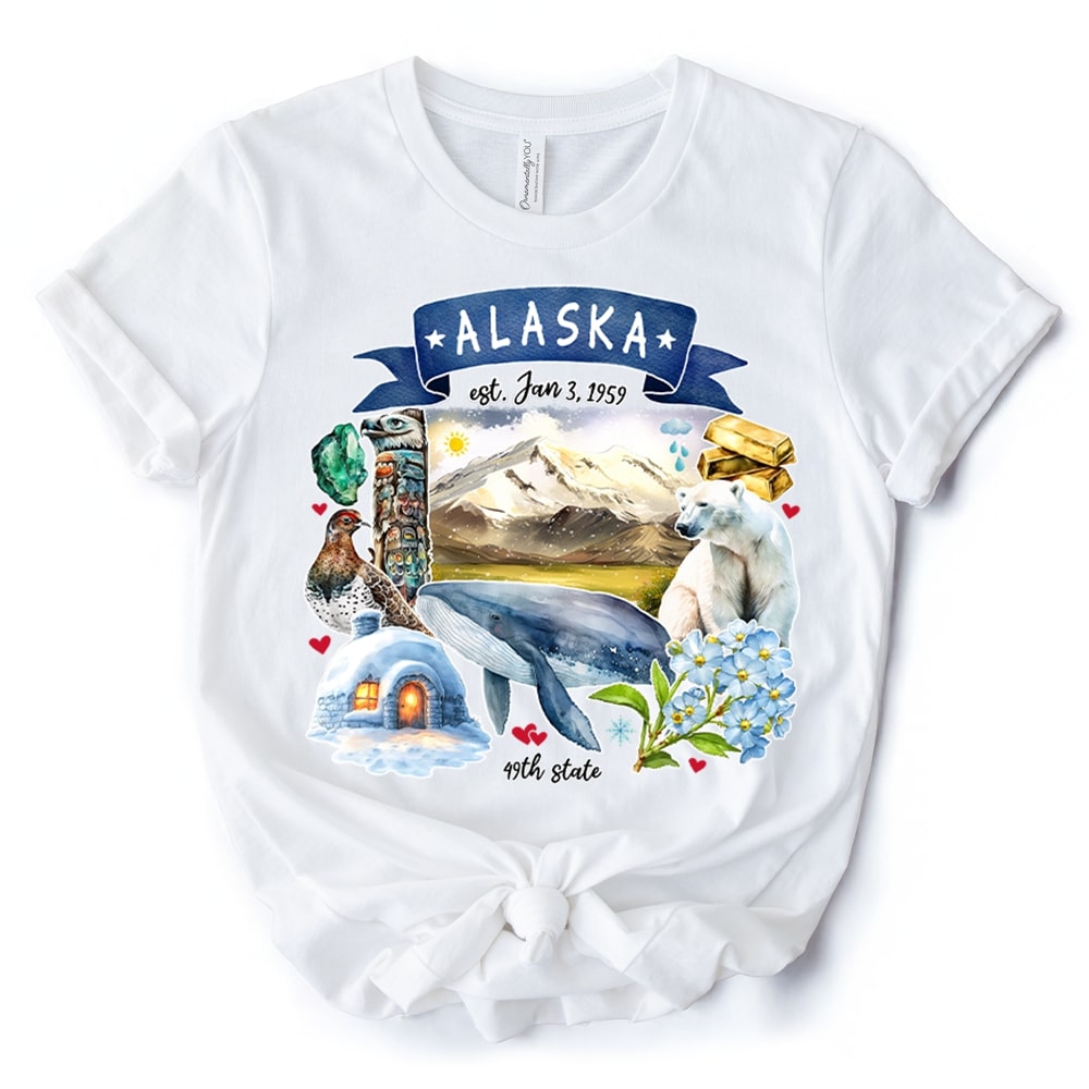 OrnamentallyYou TSHIRT1163-WHT-3XL Artistic Alaska State Themes and Landmarks Tee for History and Travel Lovers