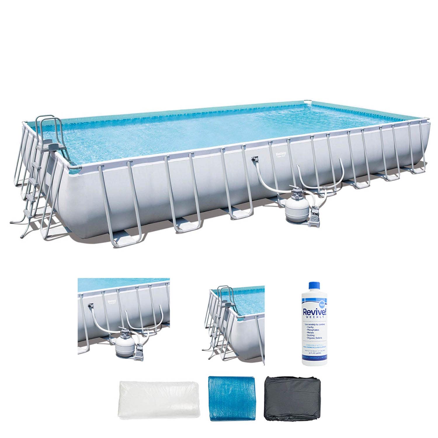 Bestway 254481 31.3-ft x 16-ft x 52-in Metal frame Rectangle Above-Ground Pool with Filter Pump with Pool Cover with Ladder