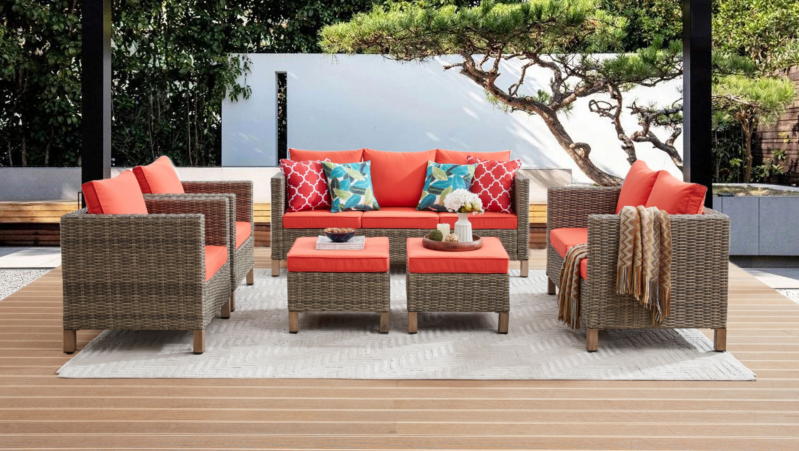 EDYO LIVING SMX03-OR 6 -Piece Wicker Patio Sofa Conversation Set with Orange Cushions