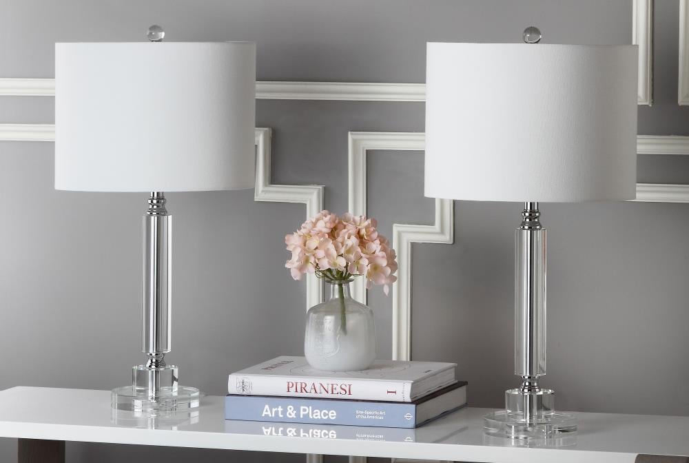 Deco Column Crystal Table Lamp Set with White Drum Shades