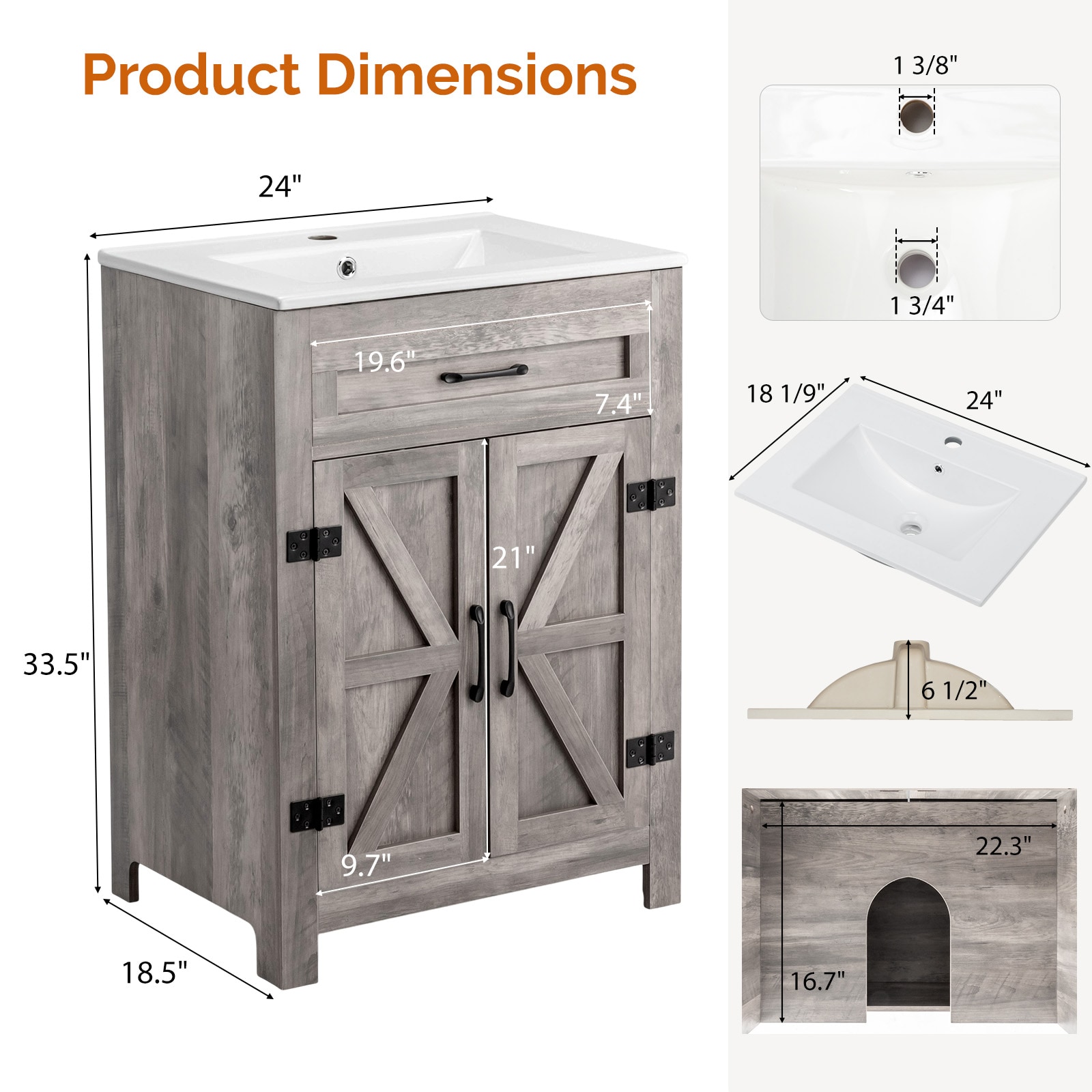 VINGLI 24 inch Bathroom Vanity with Ceramic Sink Wash-Grey Barn