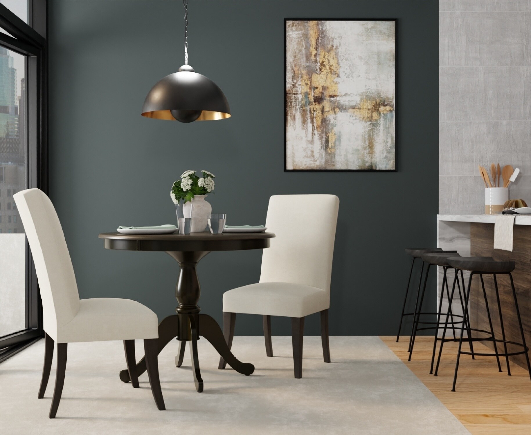 Classic Black Round Wood Dining Table with Pedestal Base
