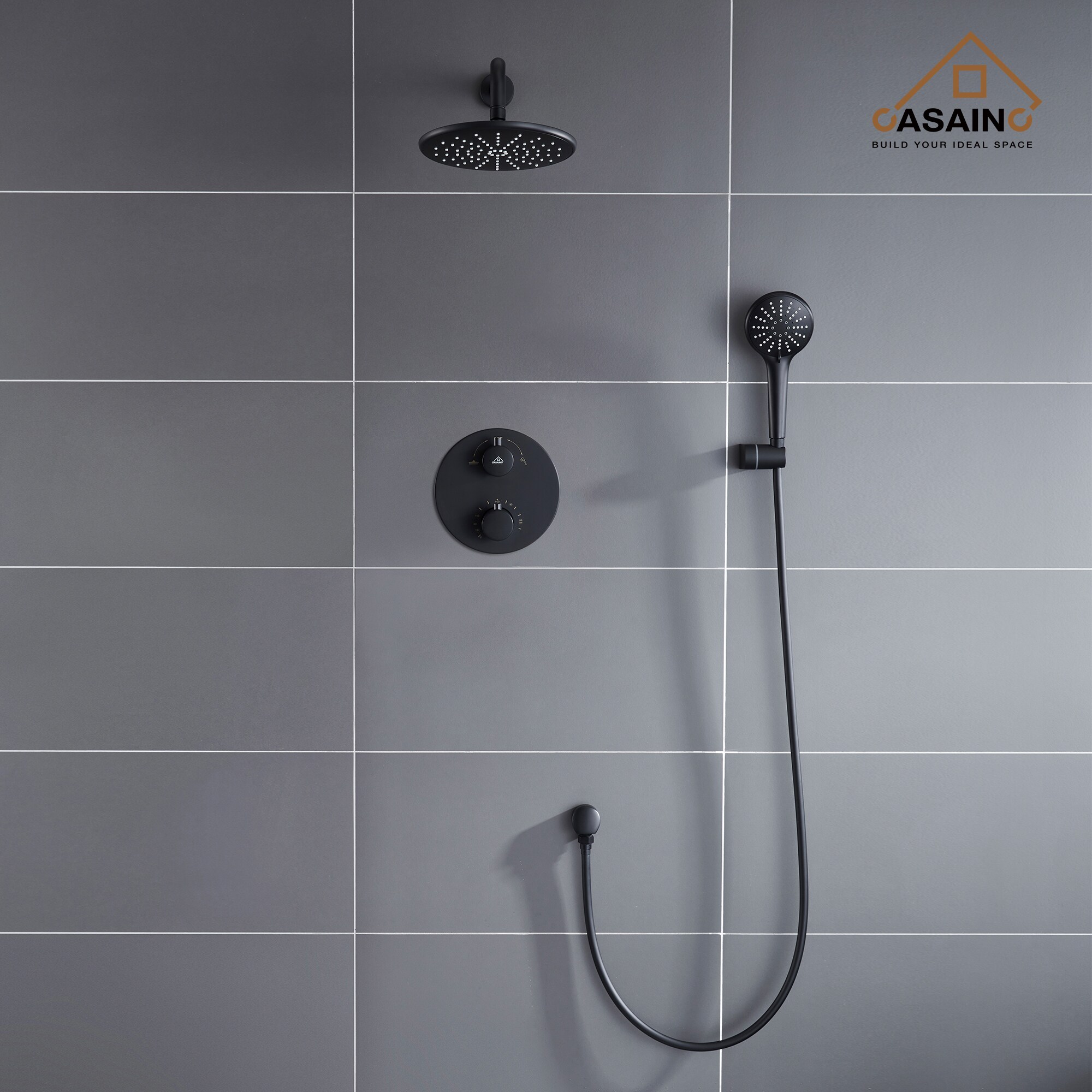 CASAINC Thermostatic shower system Matte Black Shower Faucet Bar System  with 2-way Diverter Valve Included in the Shower Systems department at