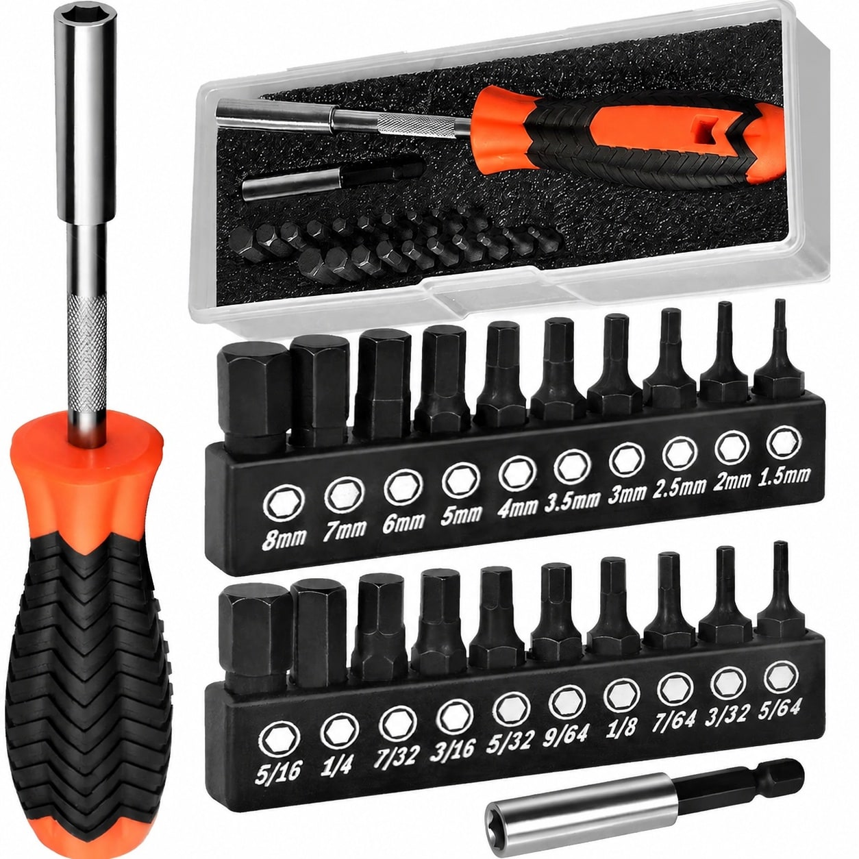 Adrinfly  20 Piece Metric and SAE Hex Bit Set with Magnetic 1 quarter Screwdriver Bit Driver Allen Wrench Drill Bits Rubber Strip and Storage Box