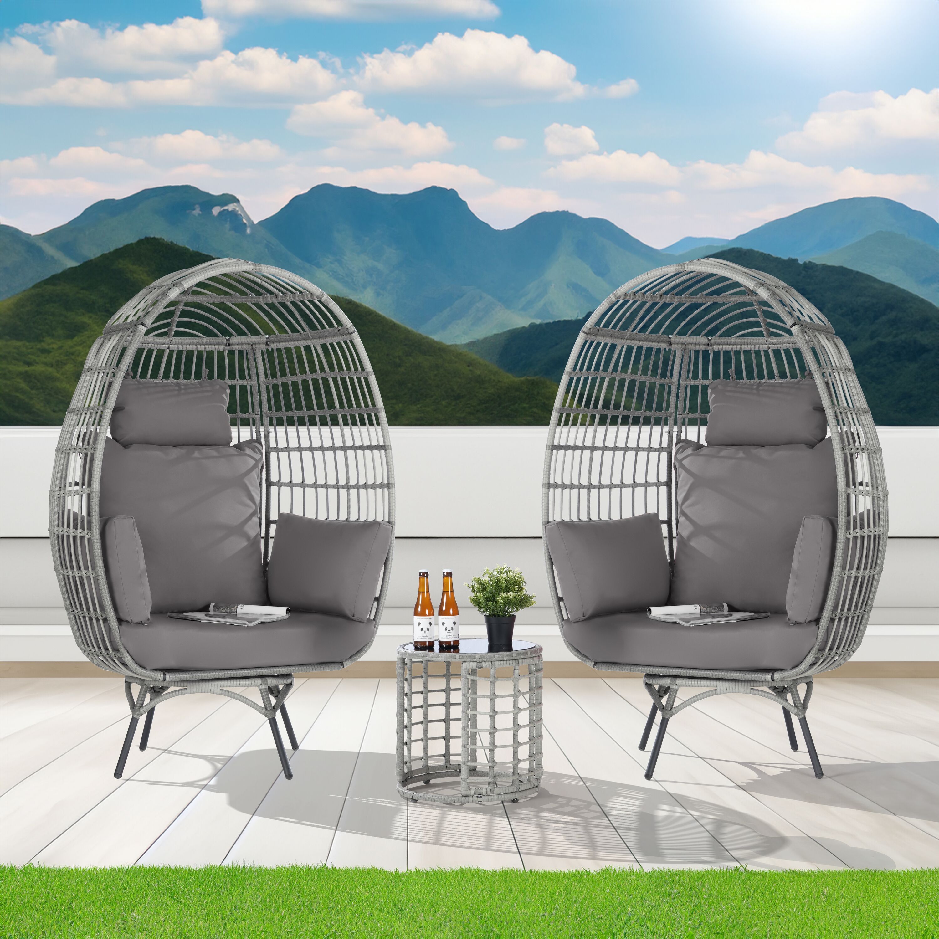 SANSTAR L-RJDC68GY-3P 3 -Piece Wicker Patio Conversation Set with Gray Cushions