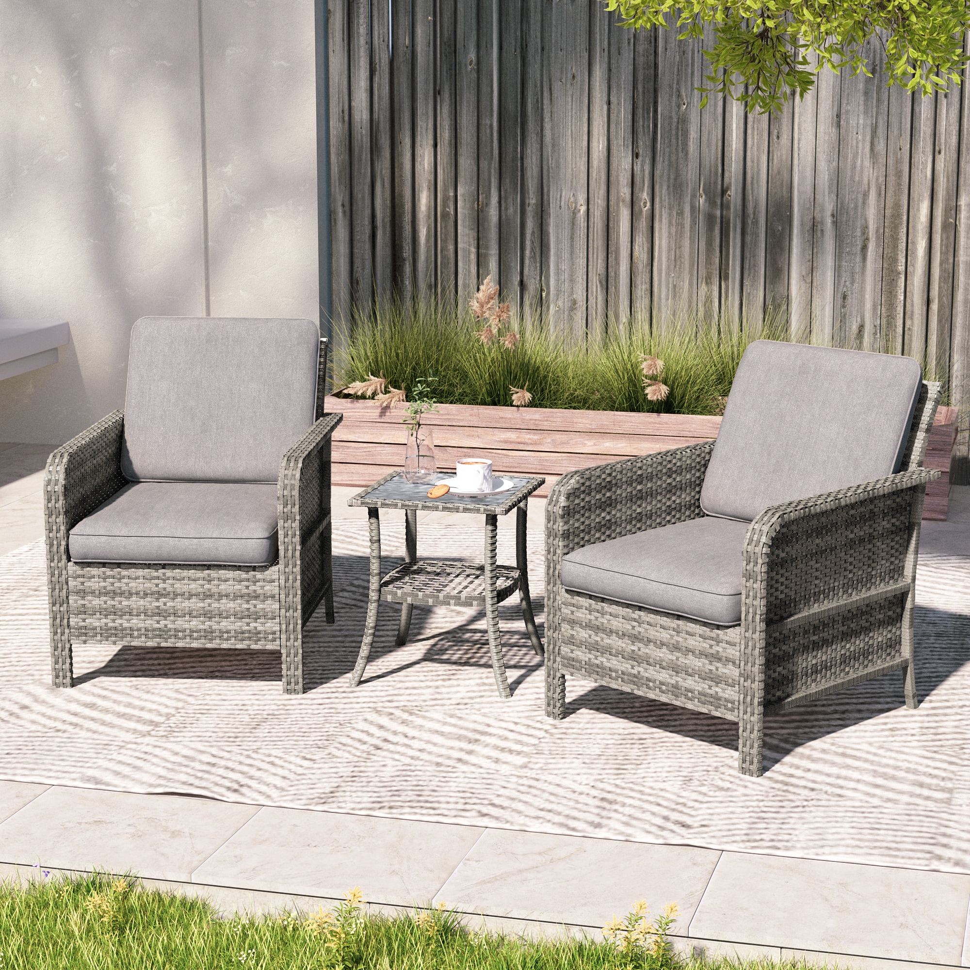 Sonkuki SD-PS-155S2HGY-T2 Patio Conversation Set 3 -Piece Wicker Patio Conversation Set with Gray Cushions