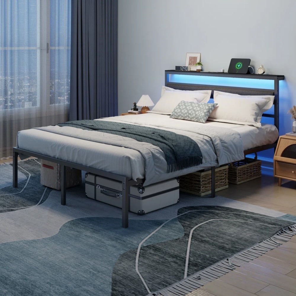 Furologee Bed Frame Metal Platform with Storage Headboard RGB LED Lights Charging Station USB Ports No Box Spring Needed Noise Free