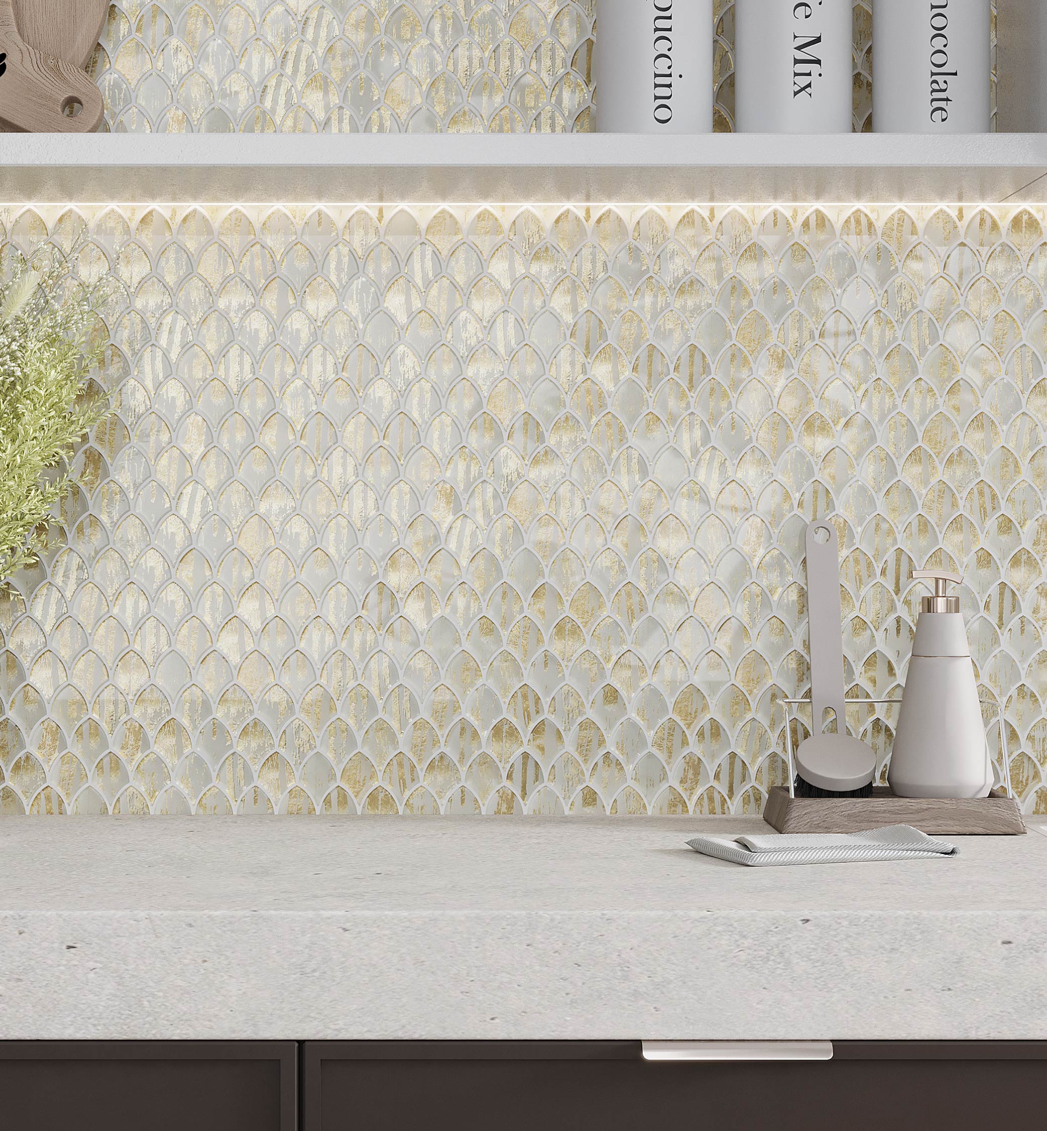 Majeste Glossy Gold and White Glass Mosaic Wall and Floor Tile