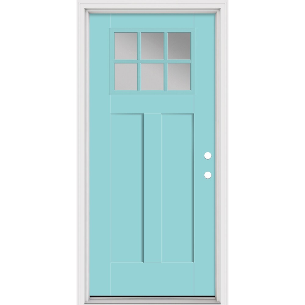 Masonite 897687 36-in x 80-in x 4-9/16-in Fiberglass Craftsman Left-hand inswing Caribbean Blue Painted Prehung Front Door with Brickmould Insulating core with Grilles