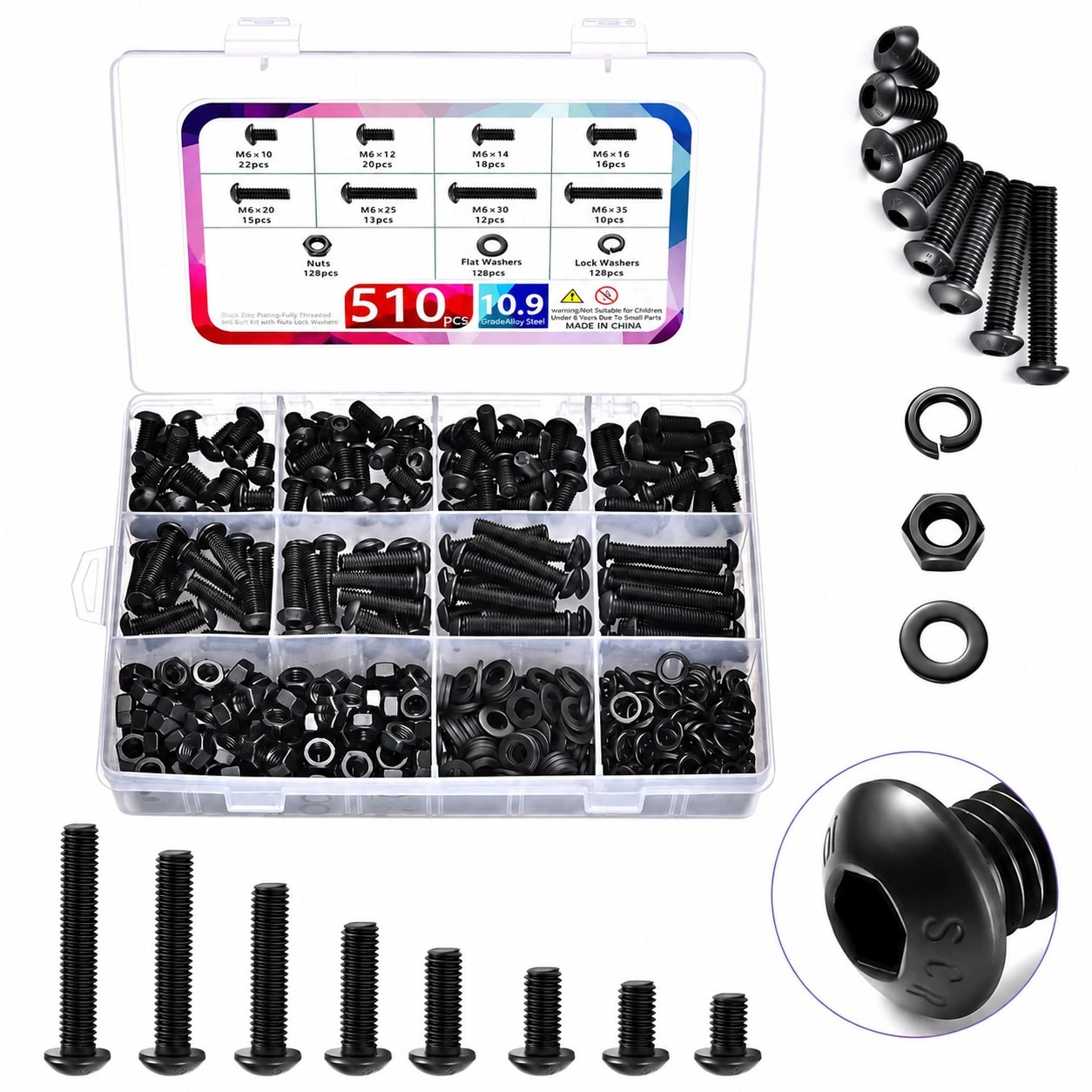 ITOPFOX  M6 Bolt Assortment Kit 510 Pieces Button Head Hex Socket Cap Screws Nuts Washers 10.9 Grade Alloy Steel Black Galvanized