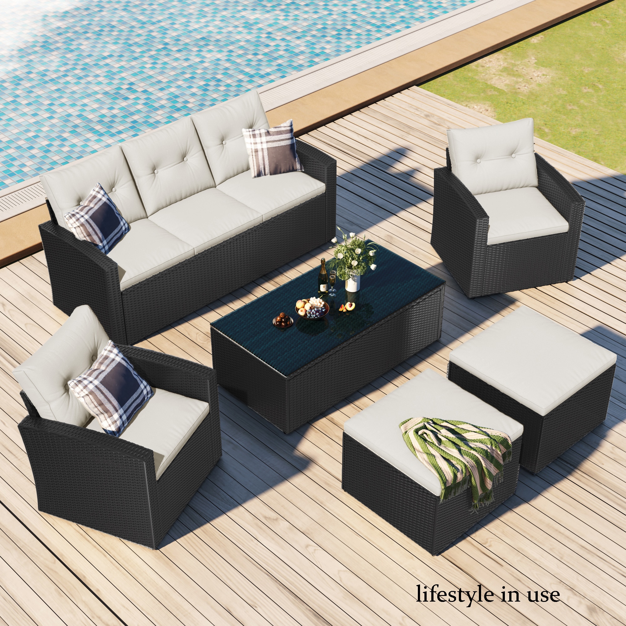 6-Piece All-Weather 6-Piece Wicker Patio Conversation Set with Off-white Cushions | - Forclover N7FW-201BE