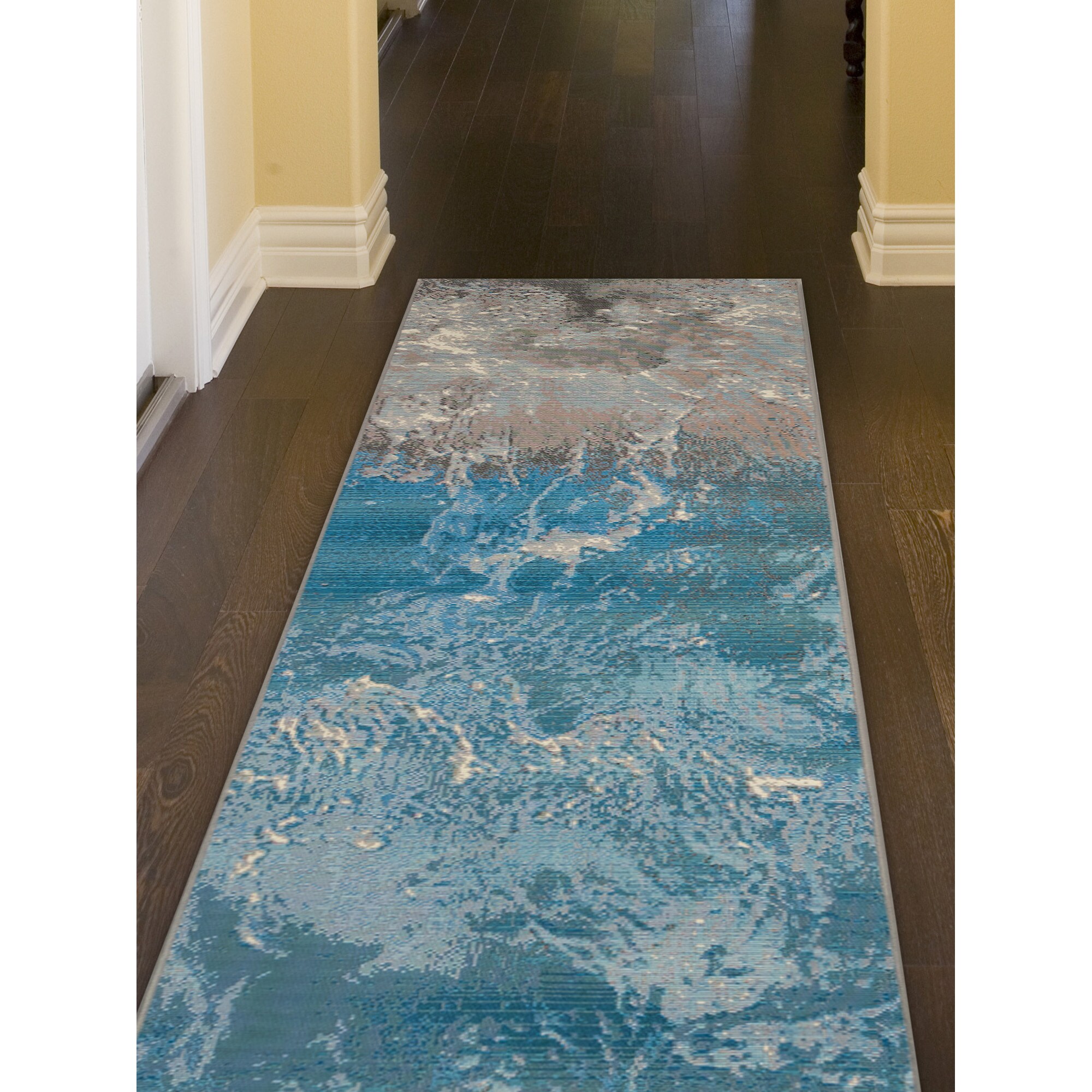 Gray and Blue Abstract Flat Woven Synthetic Runner Rug