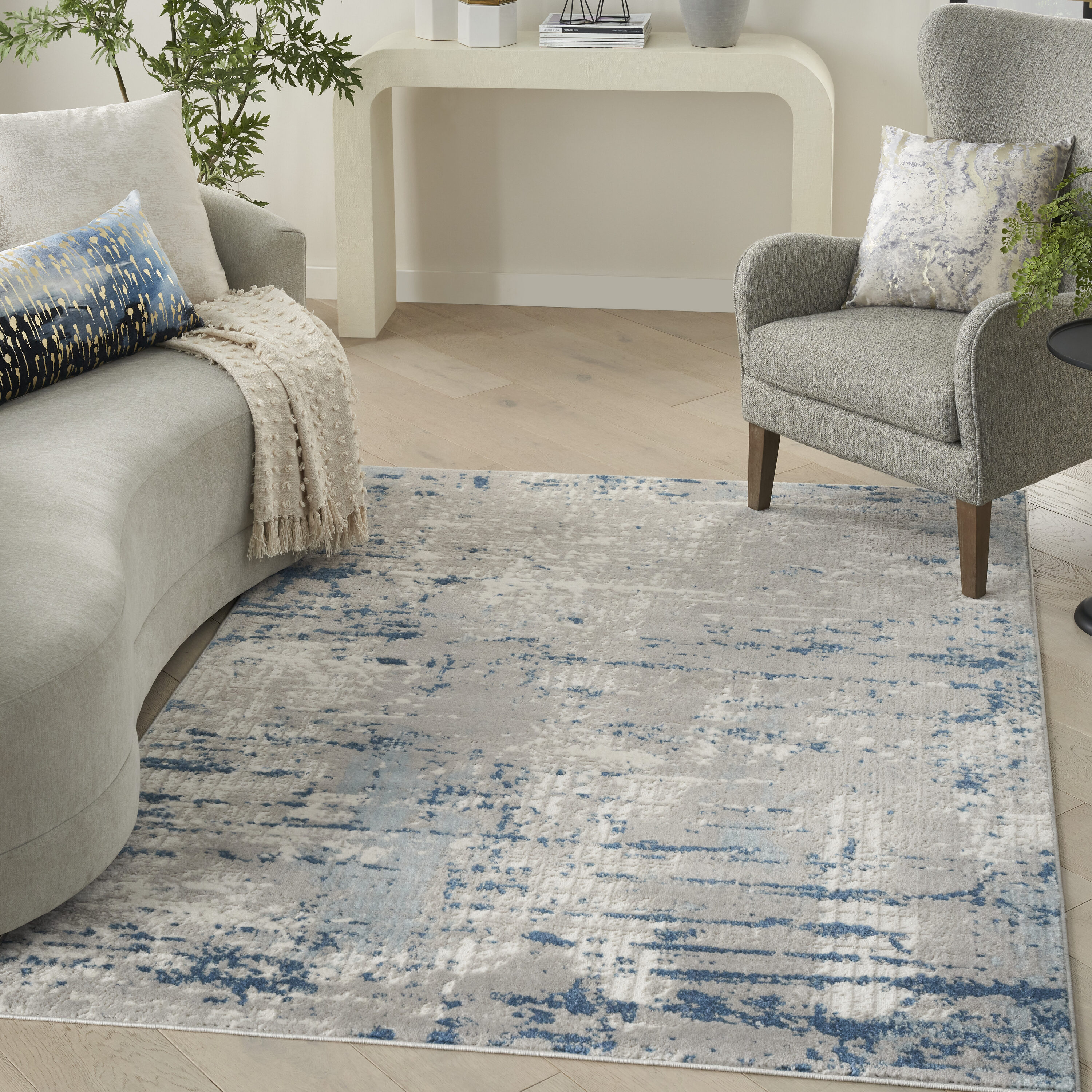 Nourison Home 099446913999 6 x 9 (ft) Loomed Ivory Grey Blue Rectangular Indoor Distressed/Overdyed Area rug