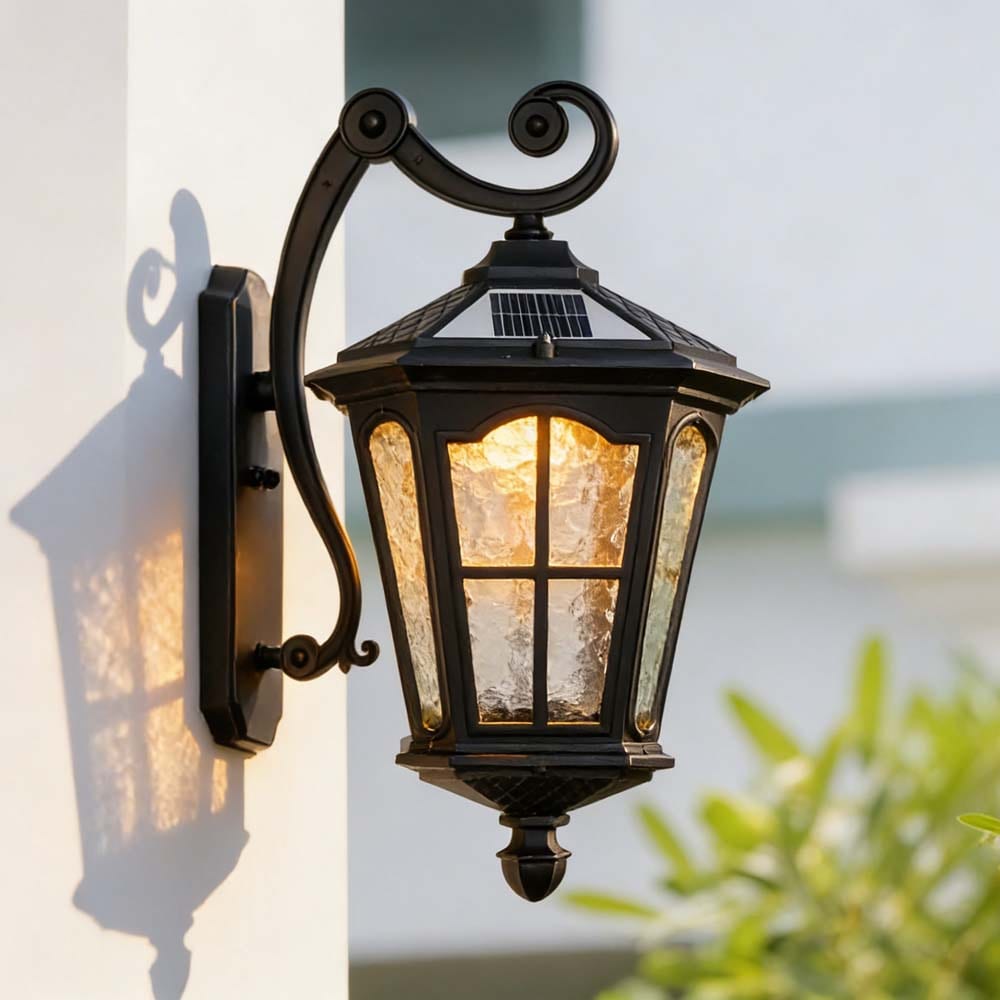 Solar Black Outdoor Wall Lantern with Die-Cast Aluminum Frame IP65 Waterproof Auto On/Off Solar Light for Patio Porch