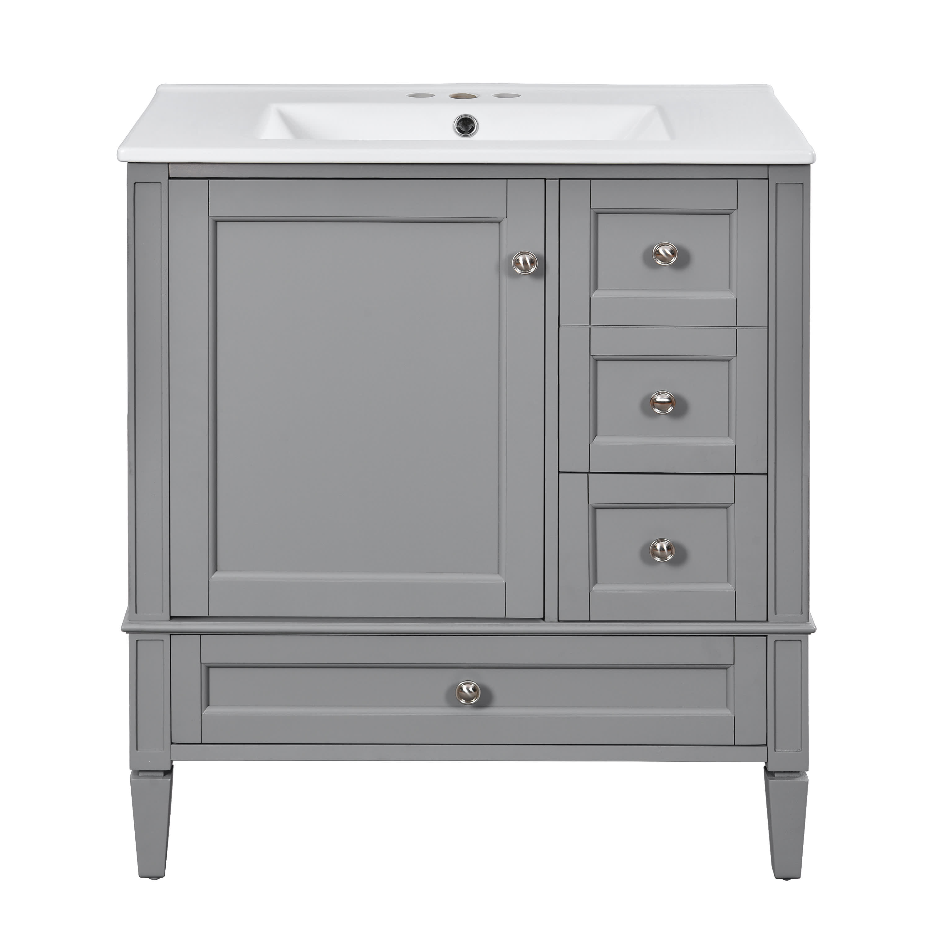 Vynxaria LEXY2009DJGXTYS033 30 Inches 1 Sink Freestanding Gray Bath Vanity with White Ceramic Top 3 Drawers Cabinet Modern Design