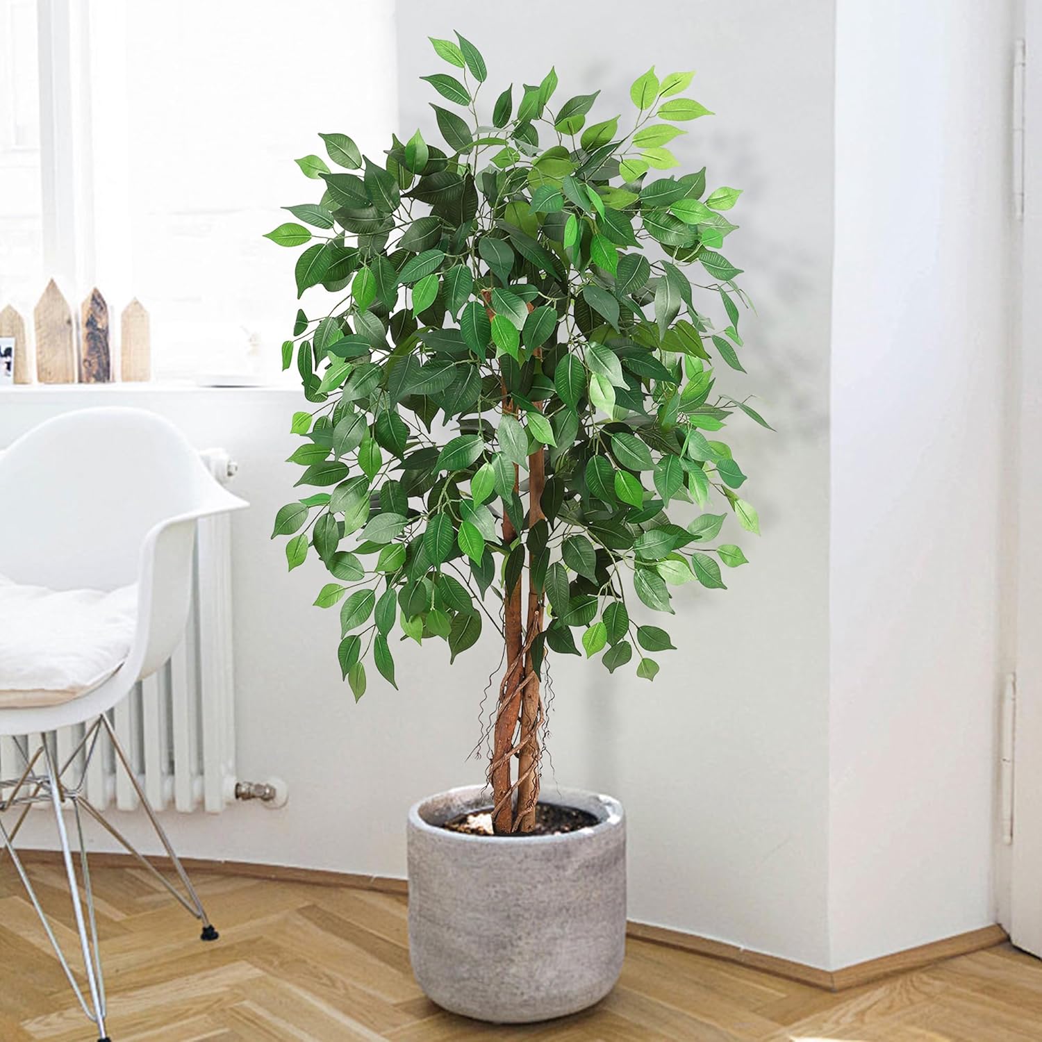 WhizMax LHFLS-PHO-10BPTADB Faux Ficus Tree 4 feet with Lifelike 420 Leaves and Natural Wooden Trunks Ficus Tree Artificial Tall Artificial Ficus Tree with Pot Indoor Decor