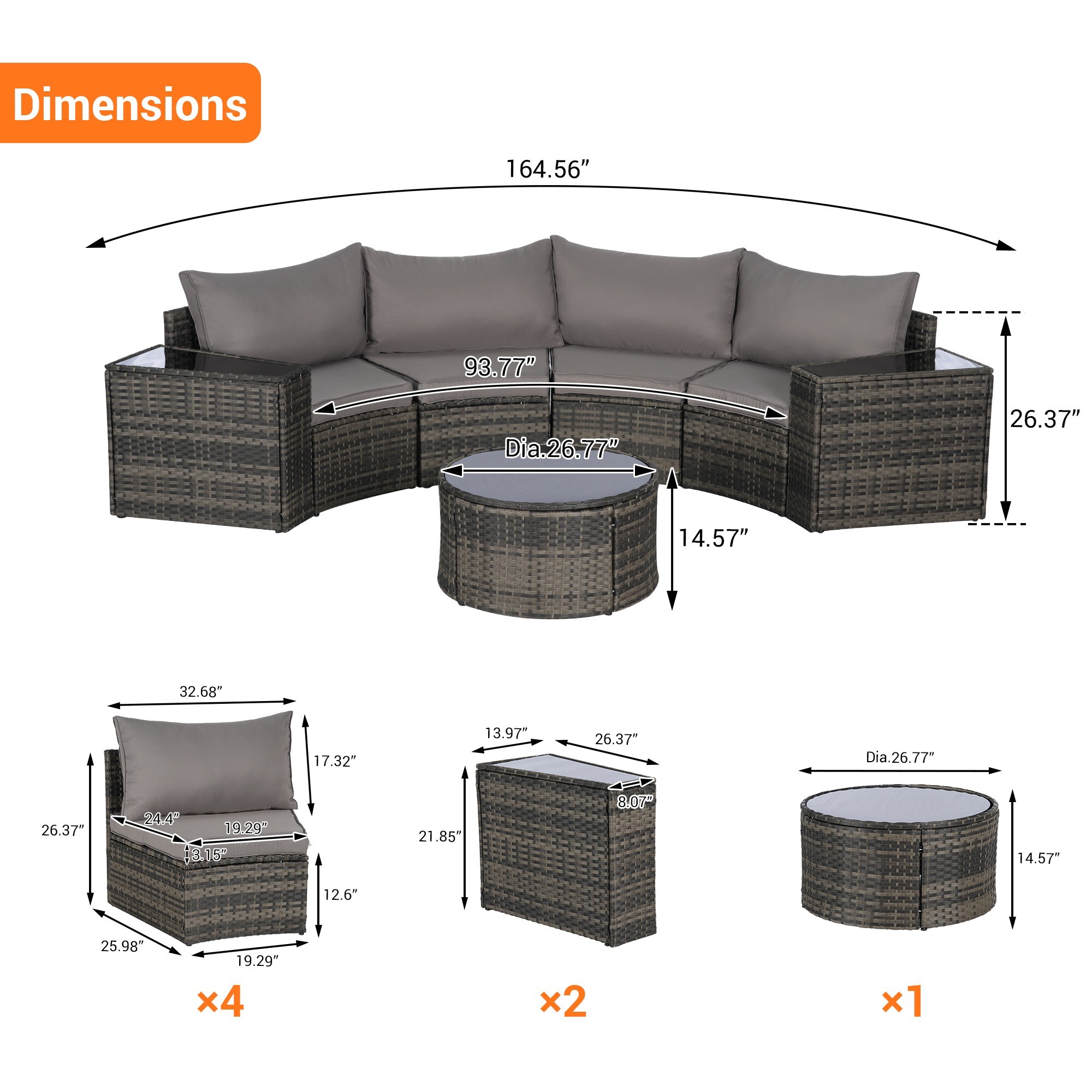 JUSHUA 7 Piece Outdoor Patio Half Moon Sectional Round Sofa Set