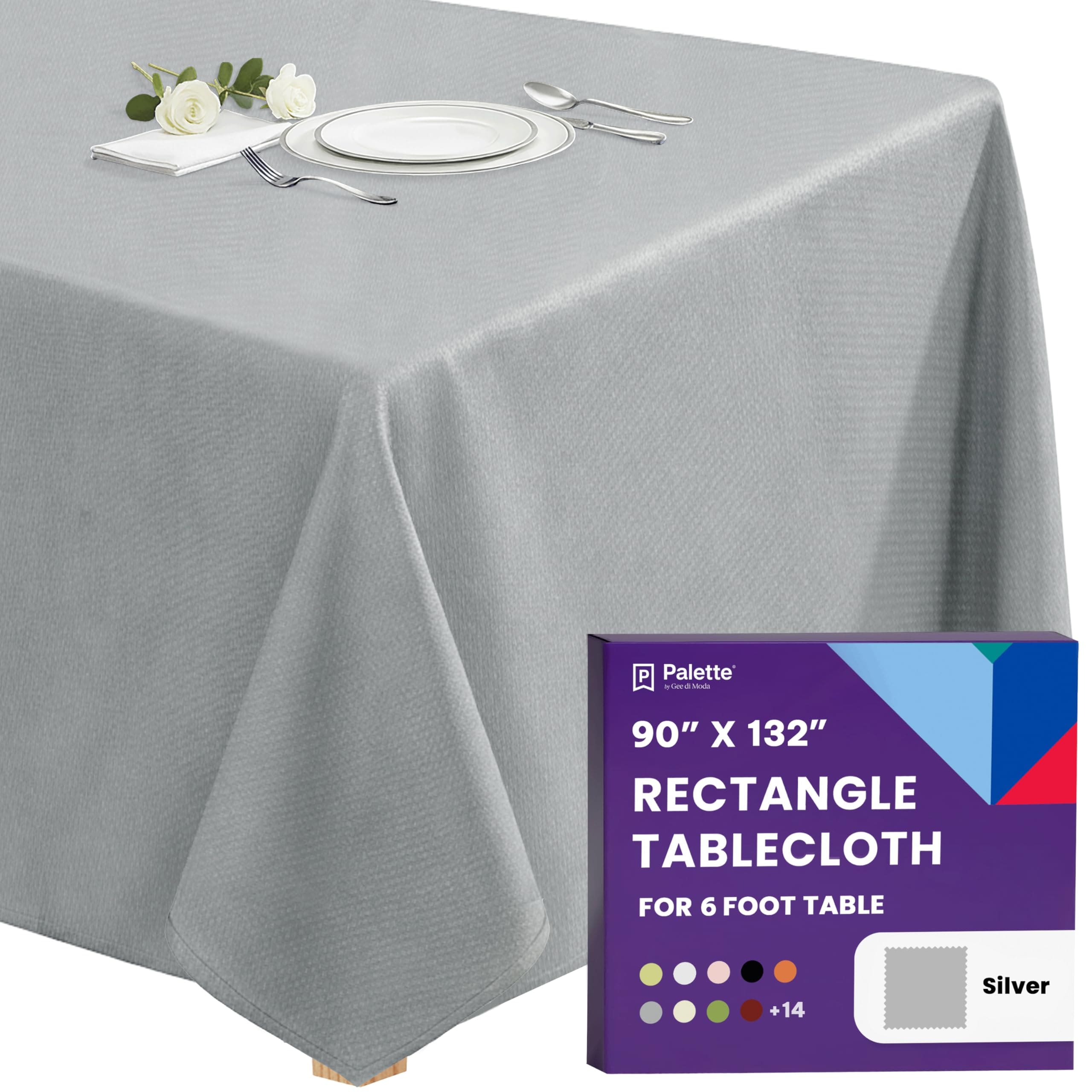 Gee Di Moda  Rectangle Tablecloth - 90 x 132 Inch Silver Rectangle Table Cloth - Heavy Duty Washable Fabric - for Buffet Table Holiday Party Dinner Wedding and Baby Shower