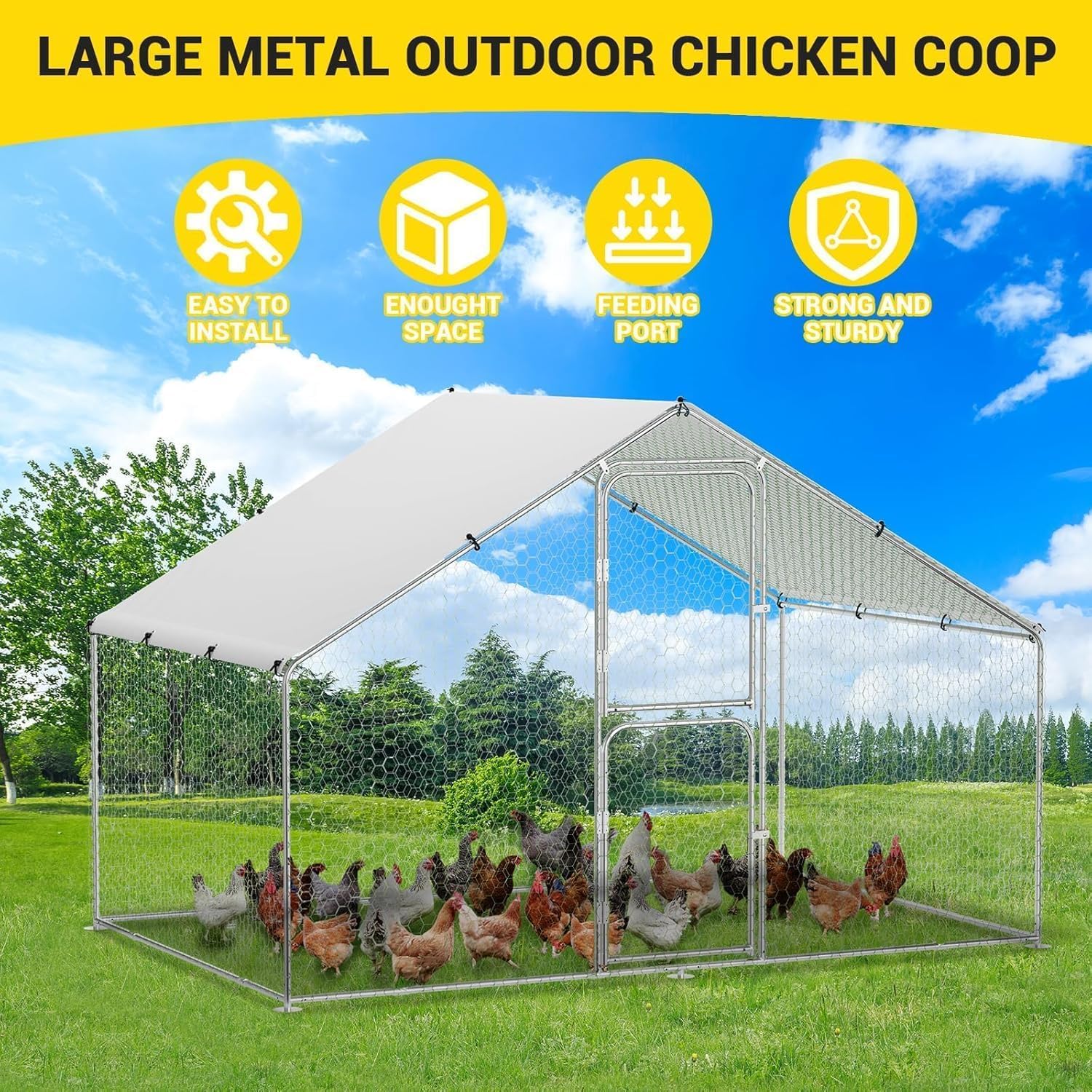 Qeetex GGL-PPG-3338SNHF 6FT Large Metal Chicken Coop Walk-in Poultry Cage Chicken Run Pen House with Waterproof and Anti-Ultraviolet Cover Chicken Coop Run with Double Lockable Doors for Outdoor and Backyard