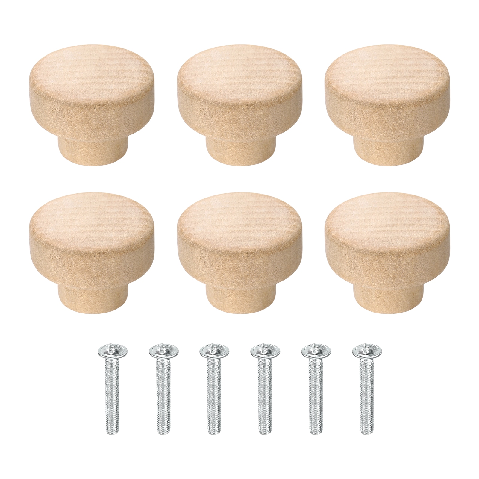 Unique Bargains - 6pcs Round Wood Drawer Knob 1.38in Diameter Flat Head Dresser Knobs Solid Woode...