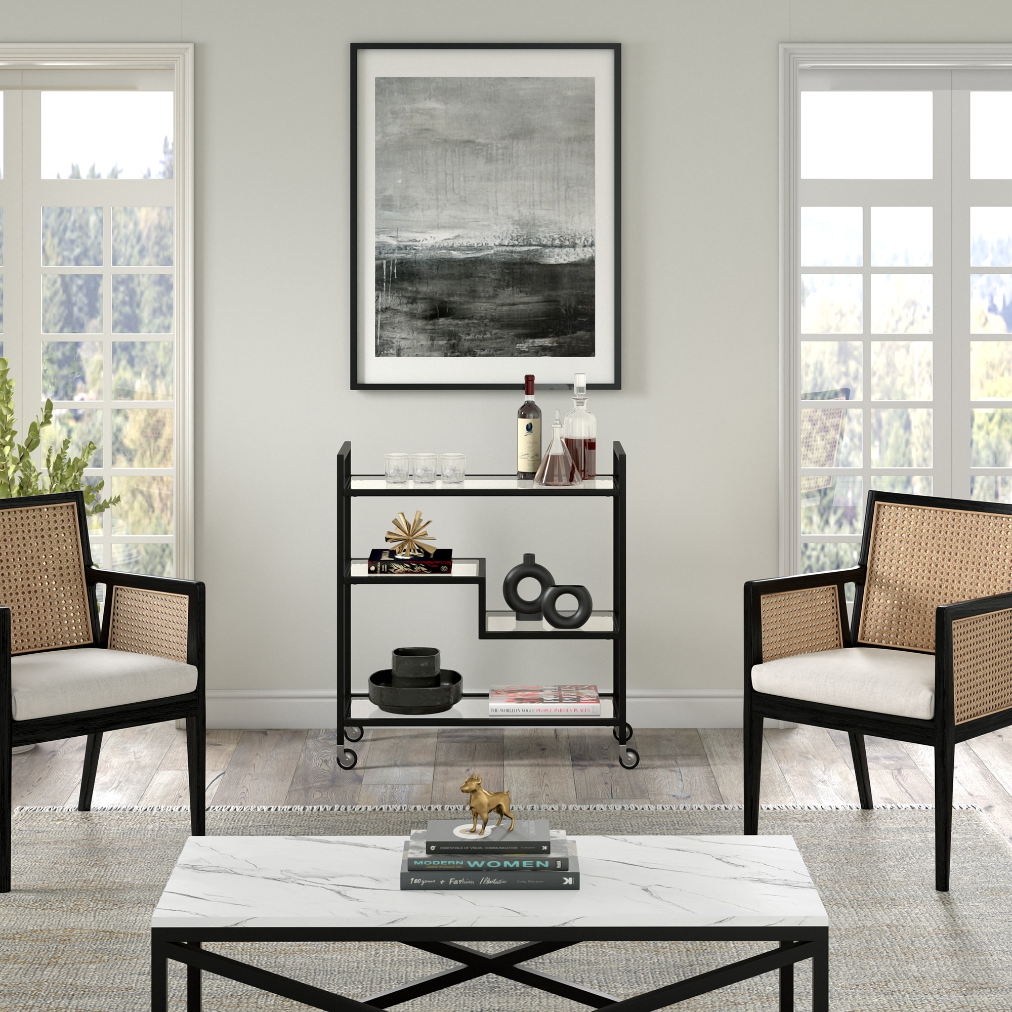 Blackened Bronze 33" Bar Cart with Glass Shelves