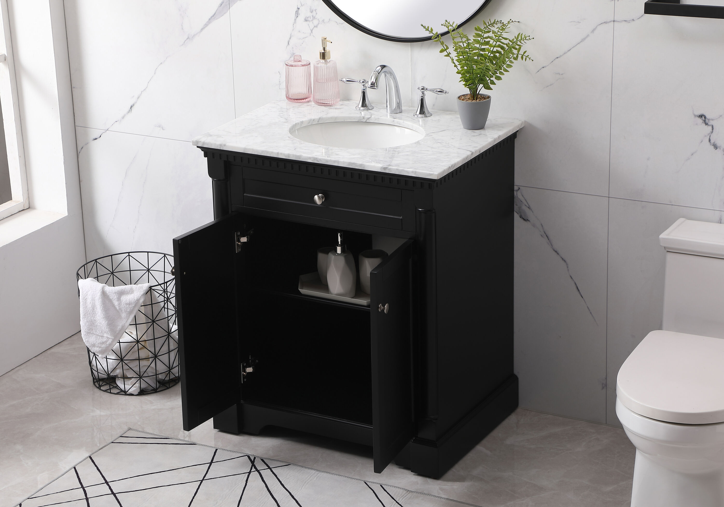 Clarence 30" Black Solid Wood and Metal Bathroom Vanity with Marble Top