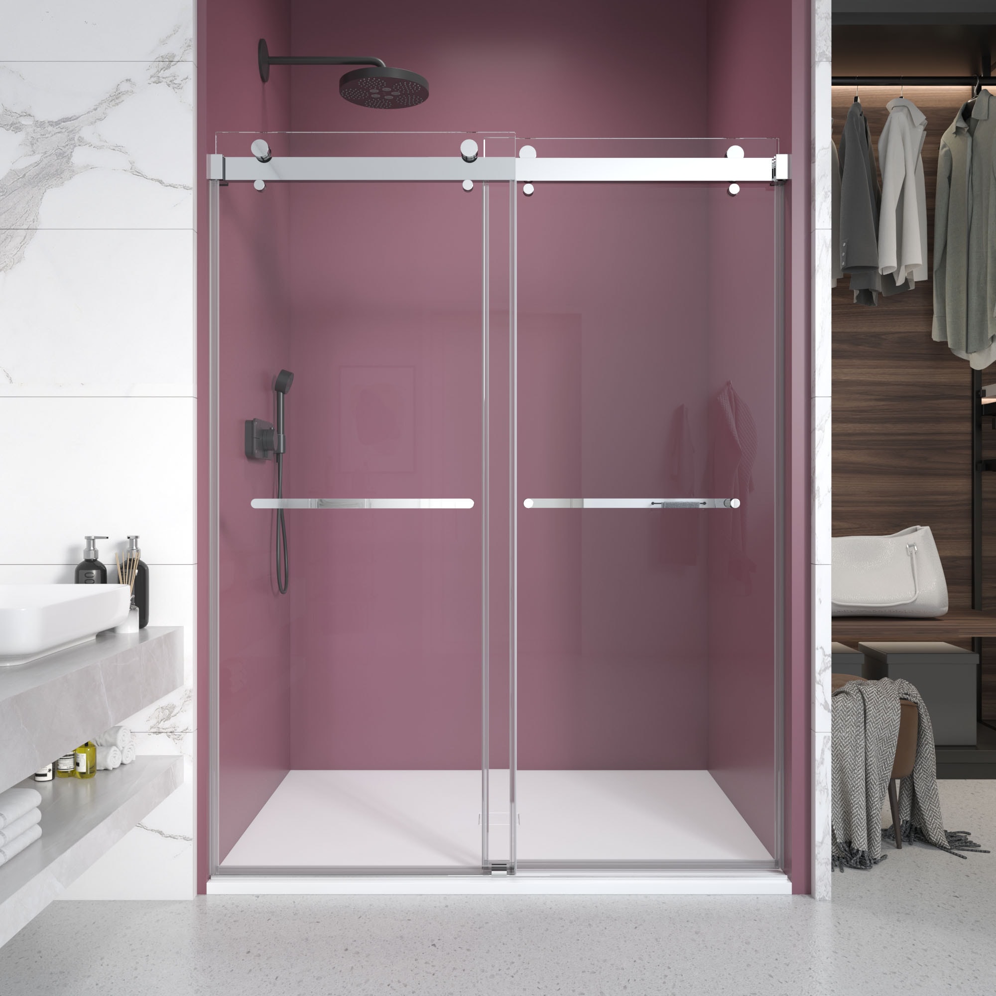 WELLFOR QPZ-TM26047 Chrome 62-in to 66-in W x 76-in H Frameless Clear Glass Bypass Sliding Soft Close Shower door