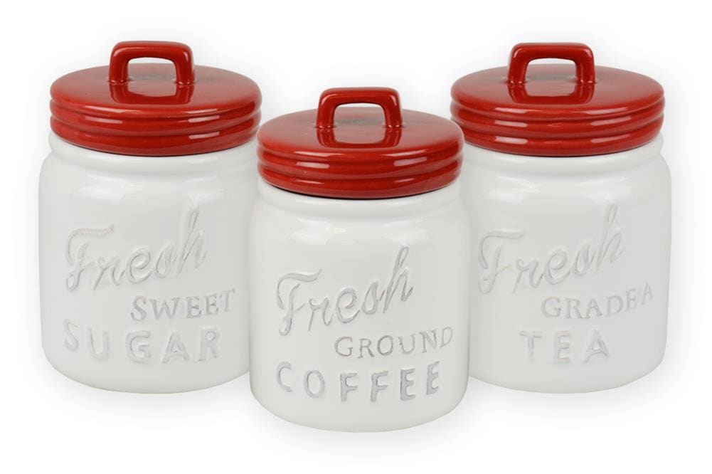 3pc Canister Set Round Metal Tin Box Lid Coffee Tea Sugar Jar Kitchen Storage 