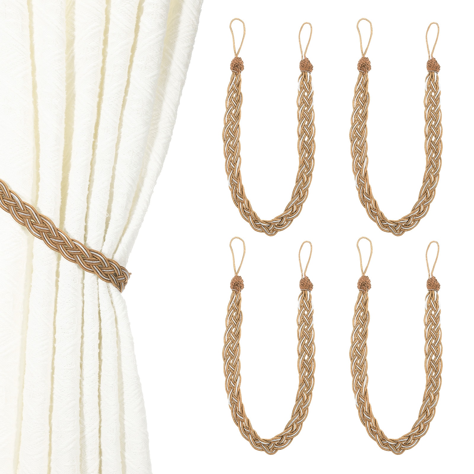 Unique Bargains - 4pcs Curtain Tiebacks 60cm/24-Inch Braided Drapery Holdback Holder Curtain Ties...