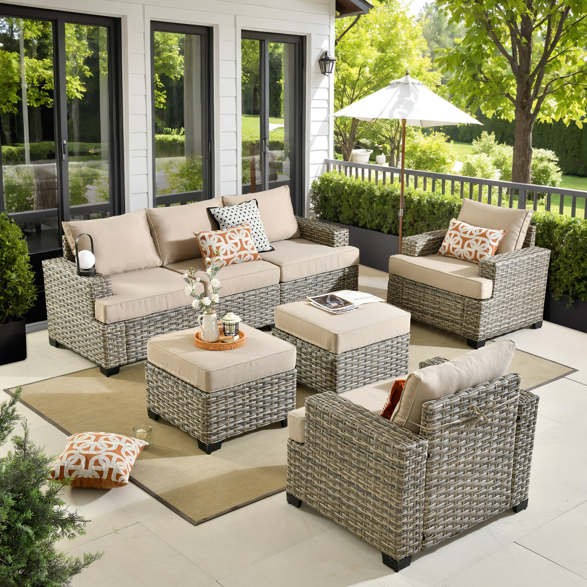 XIZZI XITBS6053 Agate 5 -Piece Rattan Patio Sofa Conversation Set with Off-white Cushions