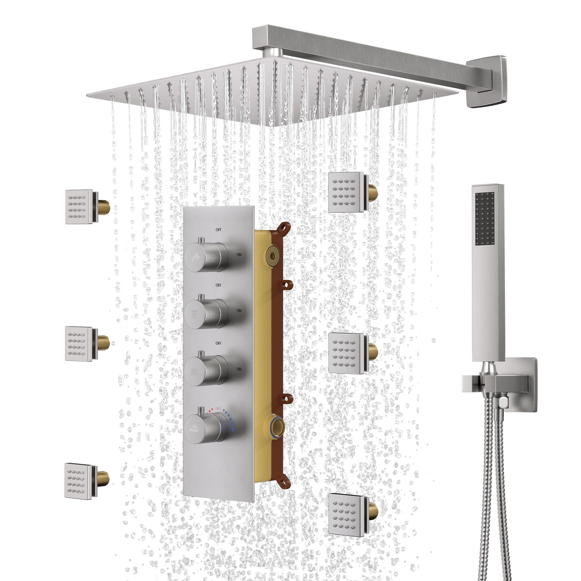 CASAINC CS6077-BN 3-way Function Flexible Hand Shower with 6pcs Body Spray Jet Brush Nickel 12-in Built-In Shower Faucet System with 3-way Diverter ( Thermostatic Valve Included )