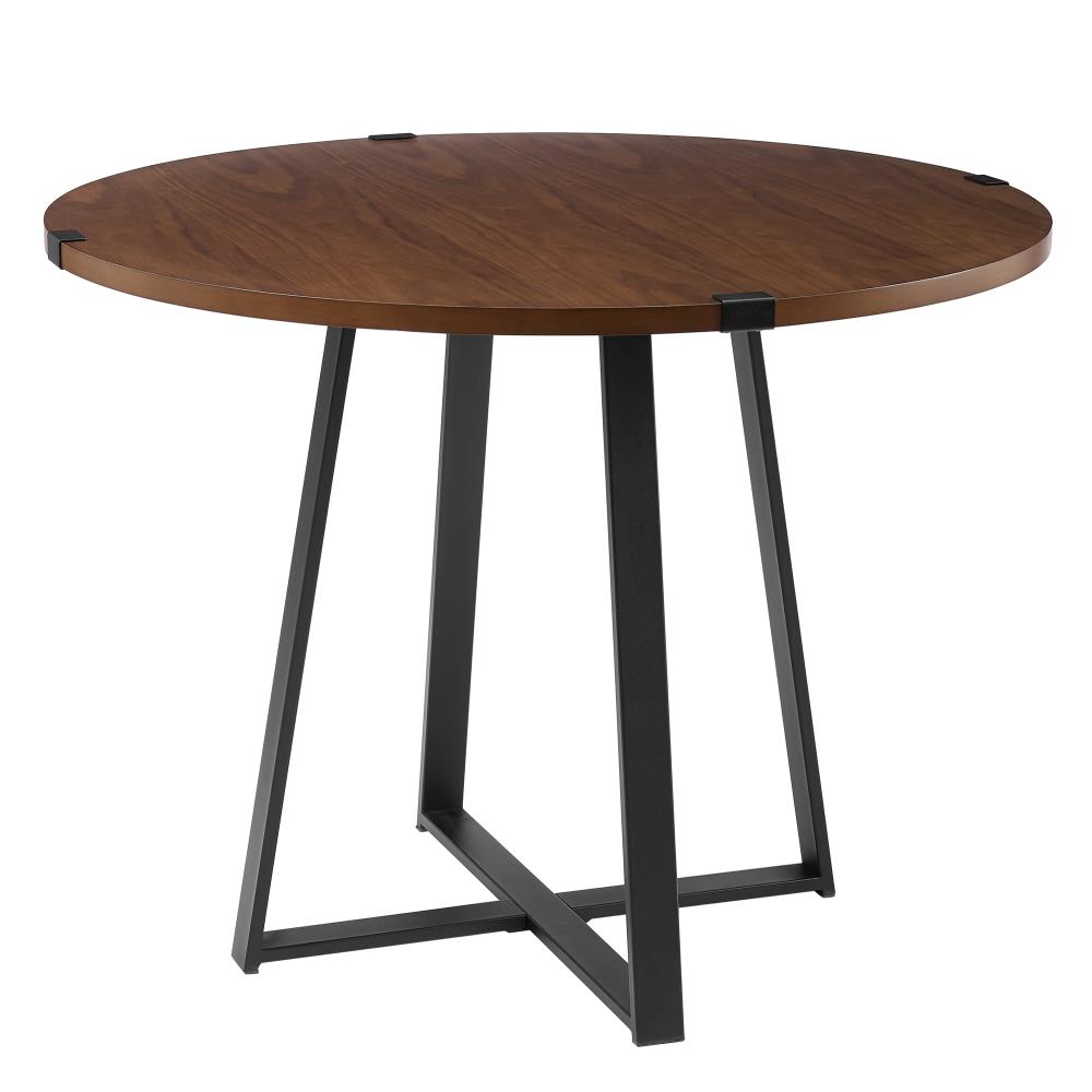 Dark Walnut Round Dining Table, Composite with Metal Metal Base at ...