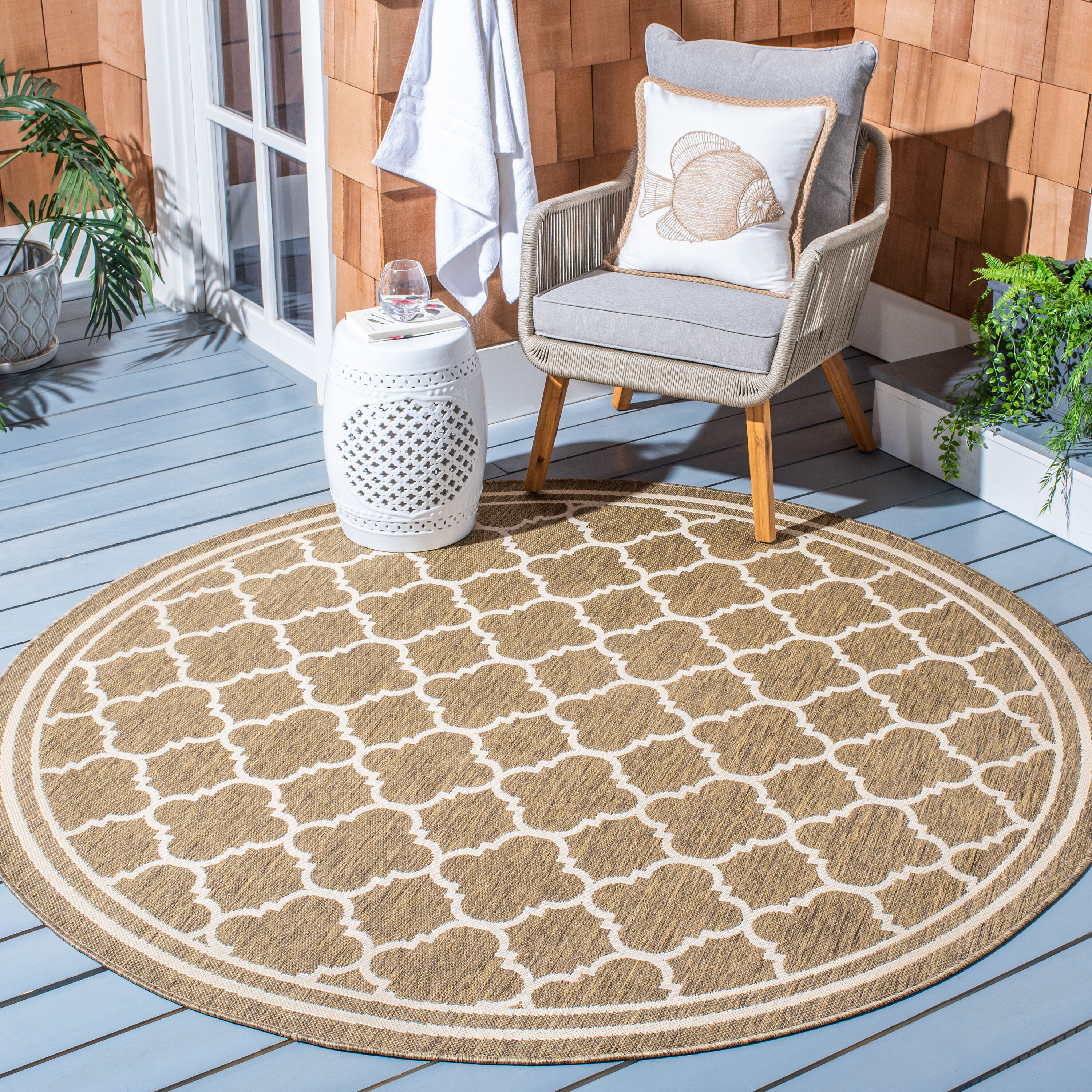 Safavieh CY6918-242-8R Courtyard Samana 8 x 8 (ft) Loomed Polypropylene Brown/Bone Round Indoor/Outdoor Trellis Area rug