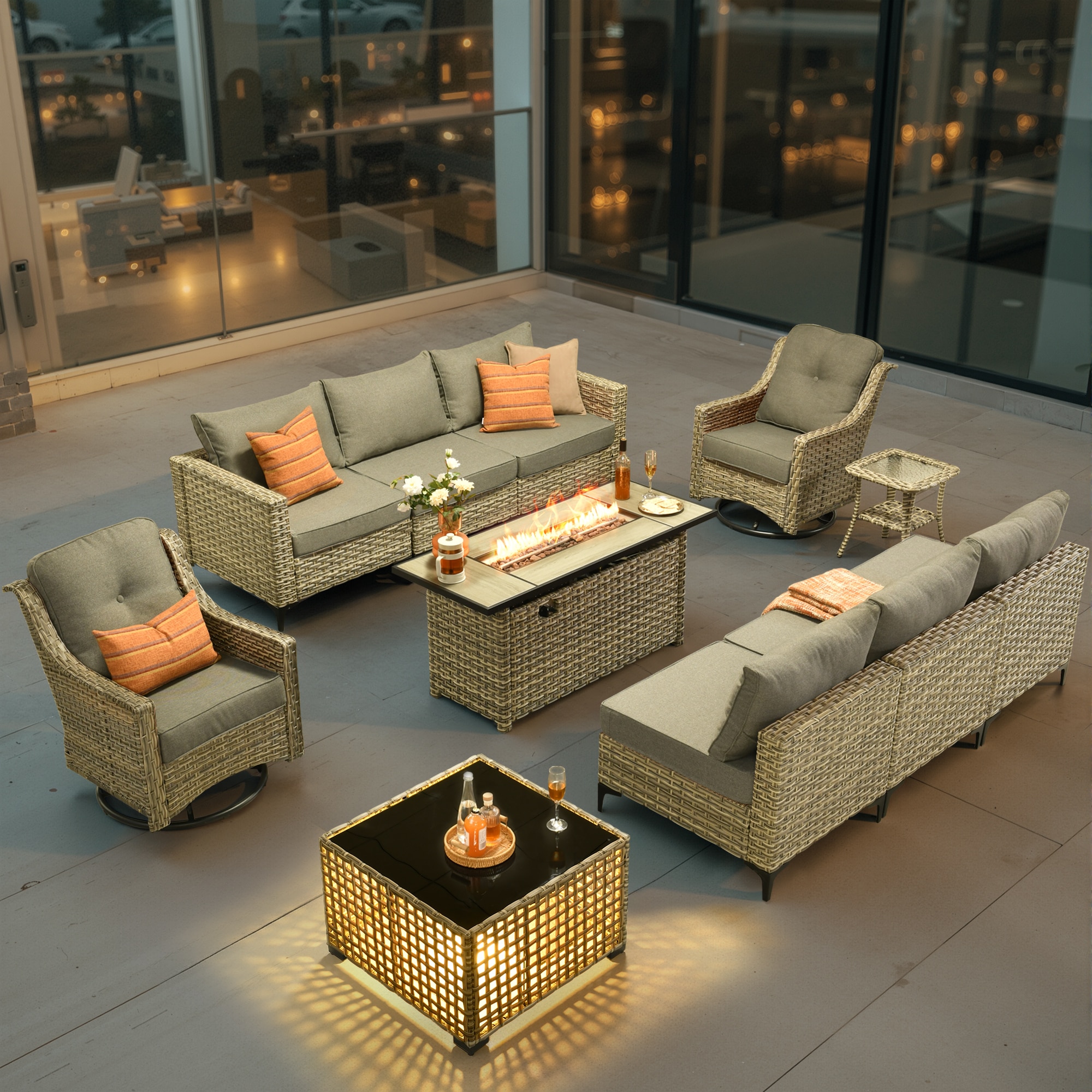 weaxty HMBCFP8503-PYZDSC211 Lotus Wicker Outdoor Sectional with Gray Cushions and Steel Frame