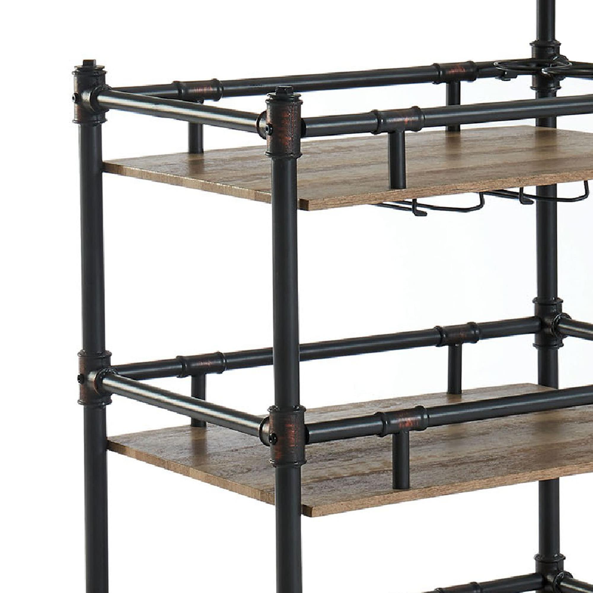 Rustic Black and Brown Three-Tier Wooden Serving Cart with Casters