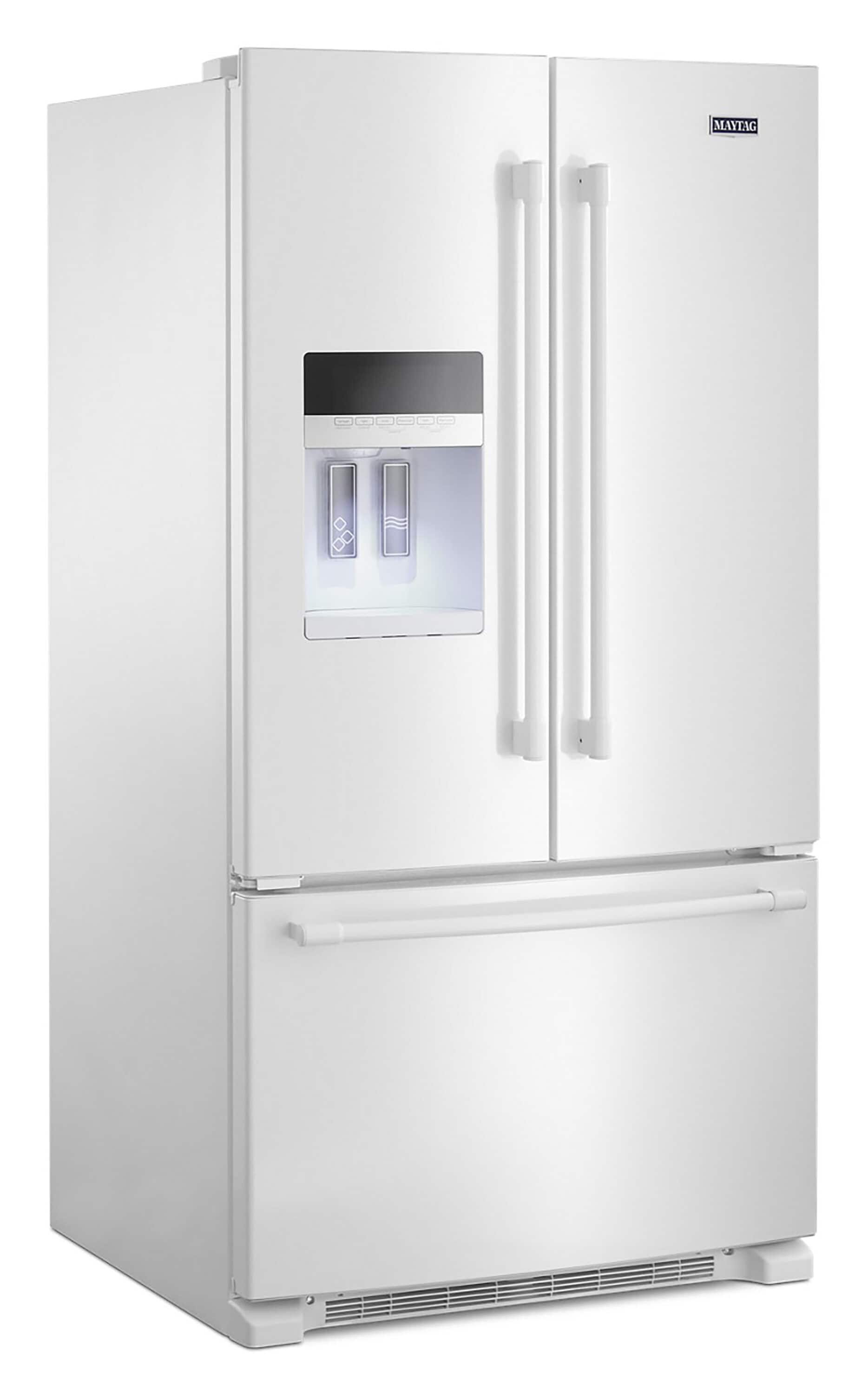 Maytag MFT2673BEM 26.1 cu. ft. French Door Refrigerator with 4  Spill-Catcher Glass Shelves, LED Interior Lighting, SmoothClose Freezer  Drawer, External Water/Ice Dispenser and Better Built Refrigerator  Compressor: Stainless Steel
