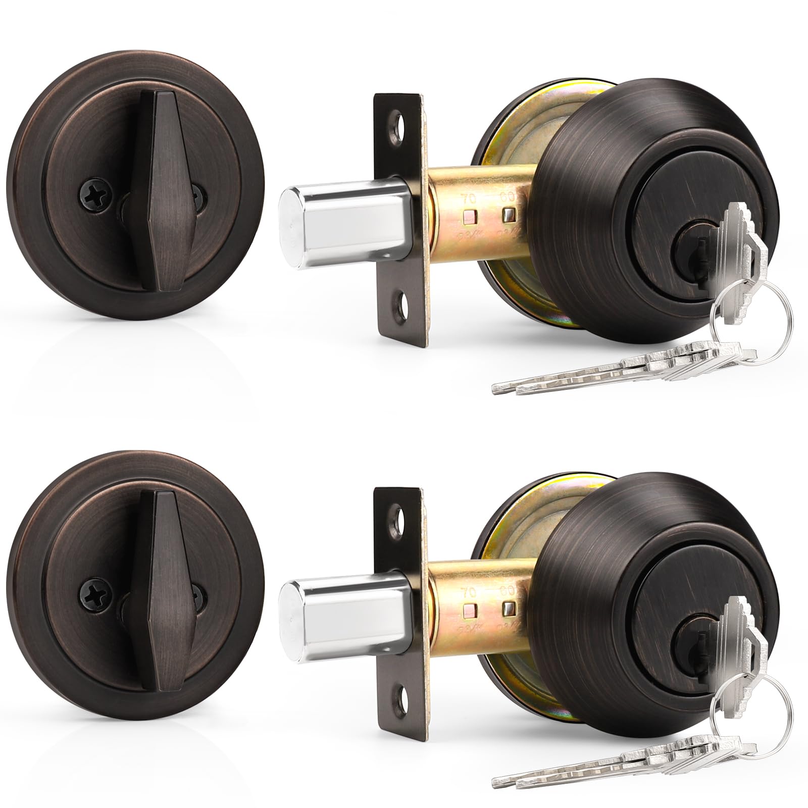 Phewnyzo 2 Pack Keyed Alike Single Cylinder Deadbolts Oil Rubbed Bronze Front Door Handlesets with Keys Interior and Exterior Door Hardware for #LPW0821W1304