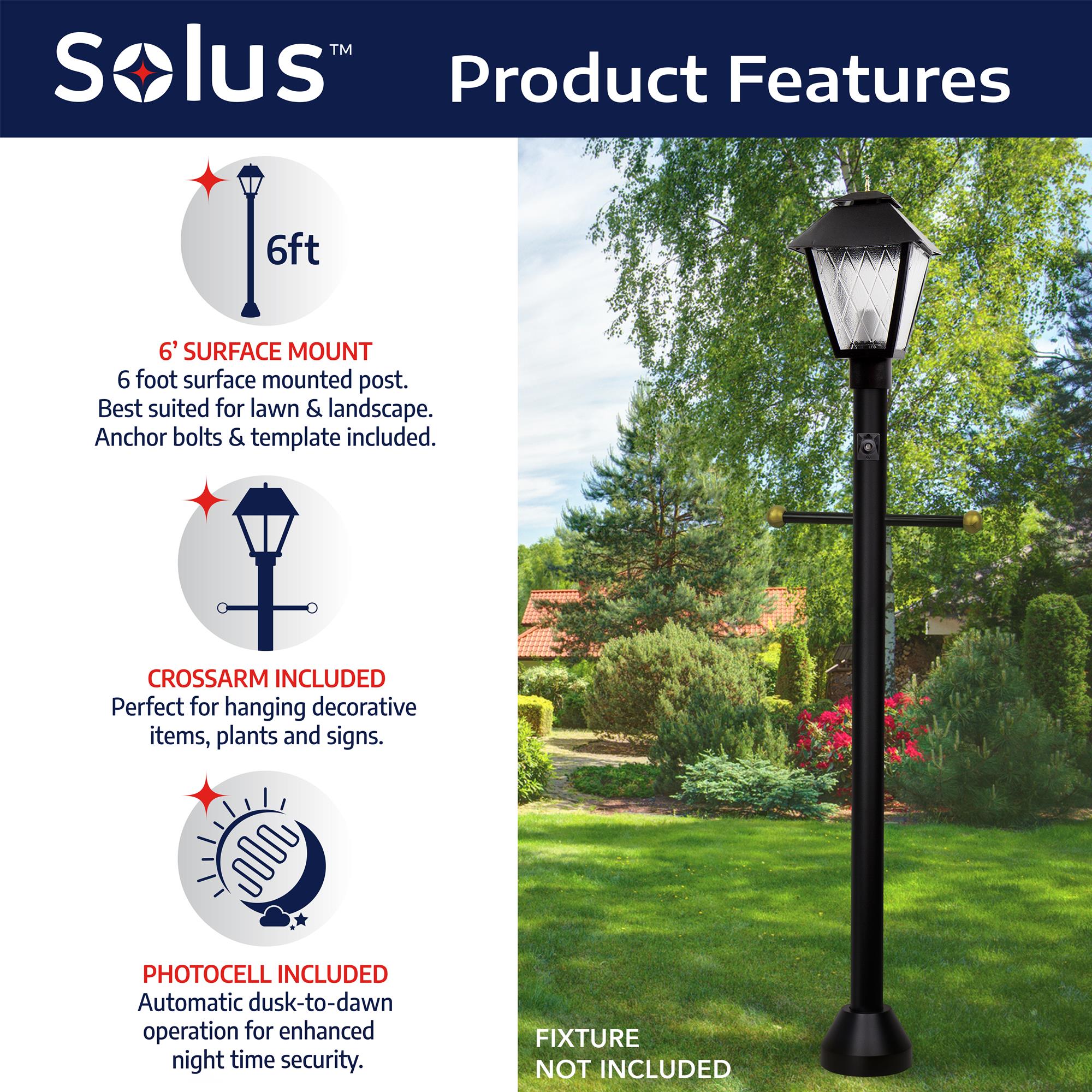 Black 6 ft. Aluminum Outdoor Lamp Post with Cross Arm and Dusk-to-Dawn Photocell