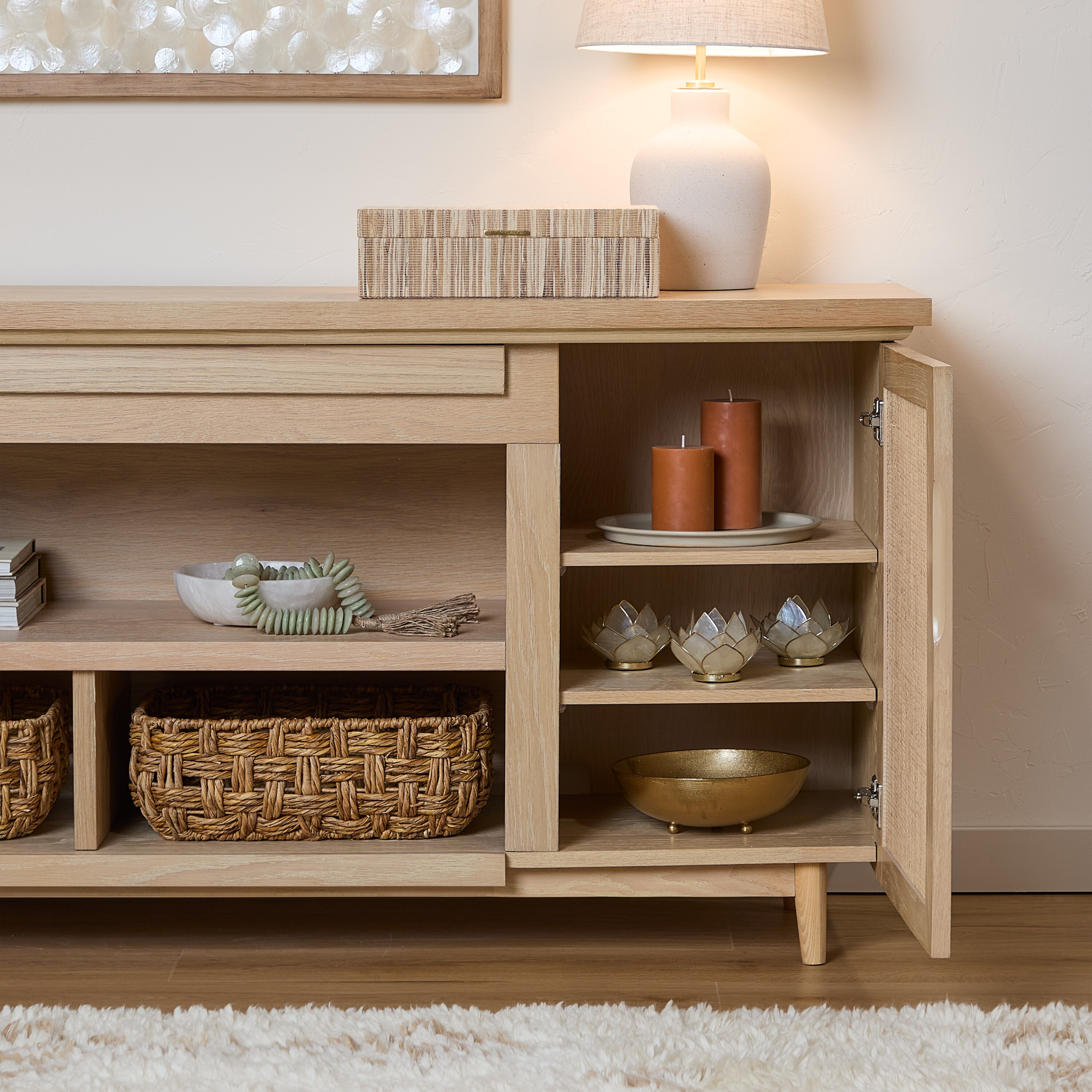 Dahlia 76" White Oak TV Stand with Fireplace and Cabinet