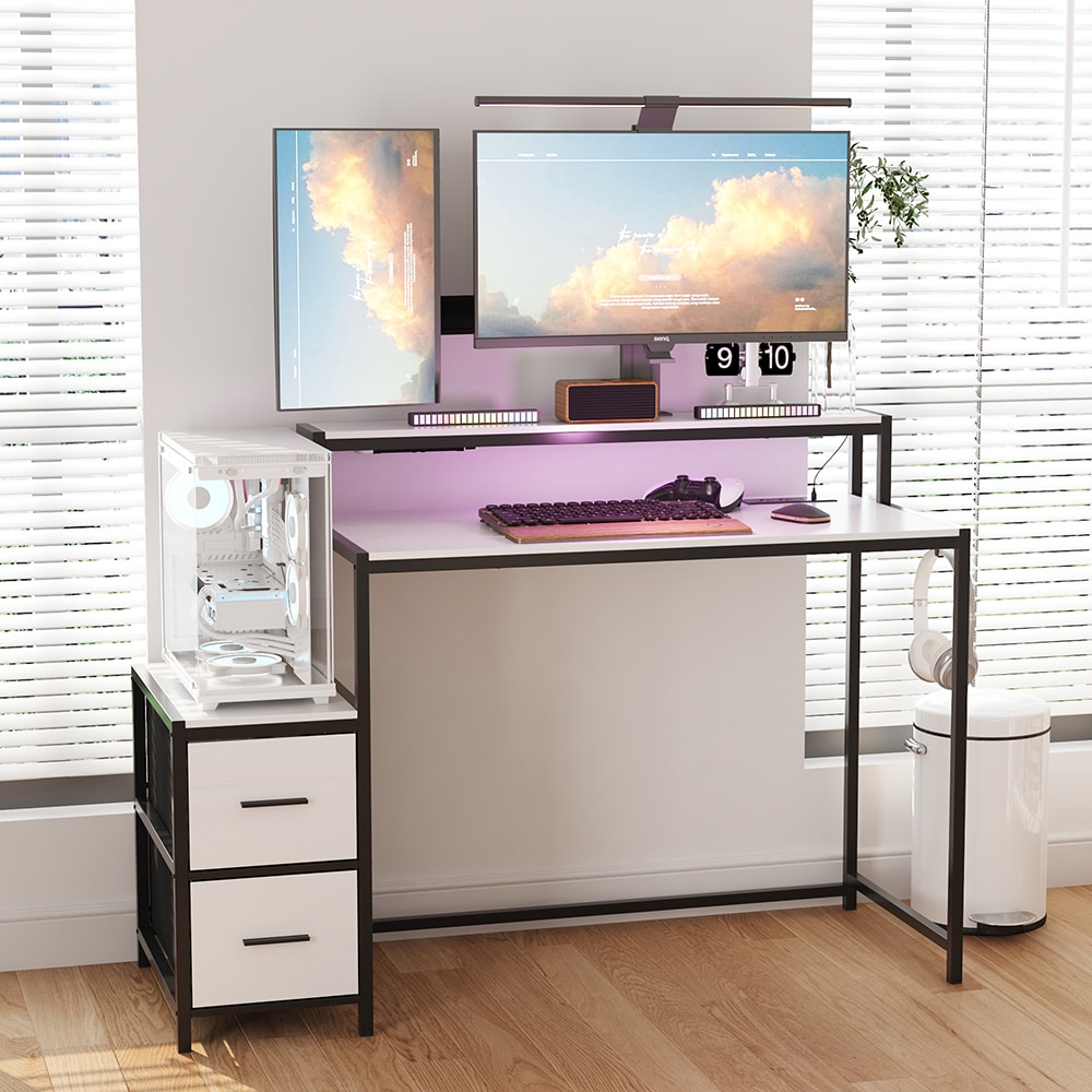 Homsee  Modern Gaming Desk with White Laminate Surface Black Metal Frame and Storage Drawers