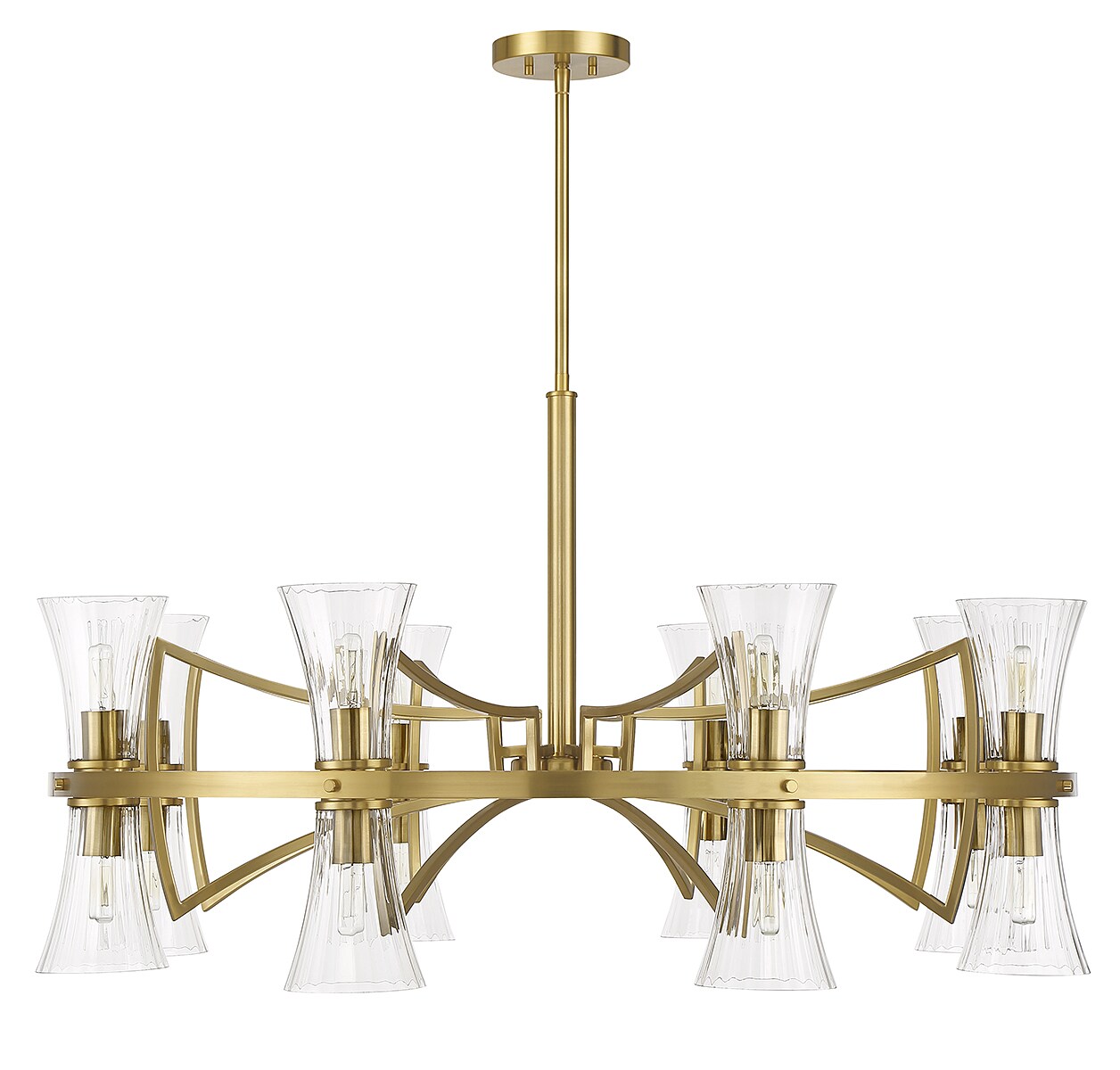 Bennington 16-Light Warm Brass Chandelier with Clear Ribbed Glass Shades