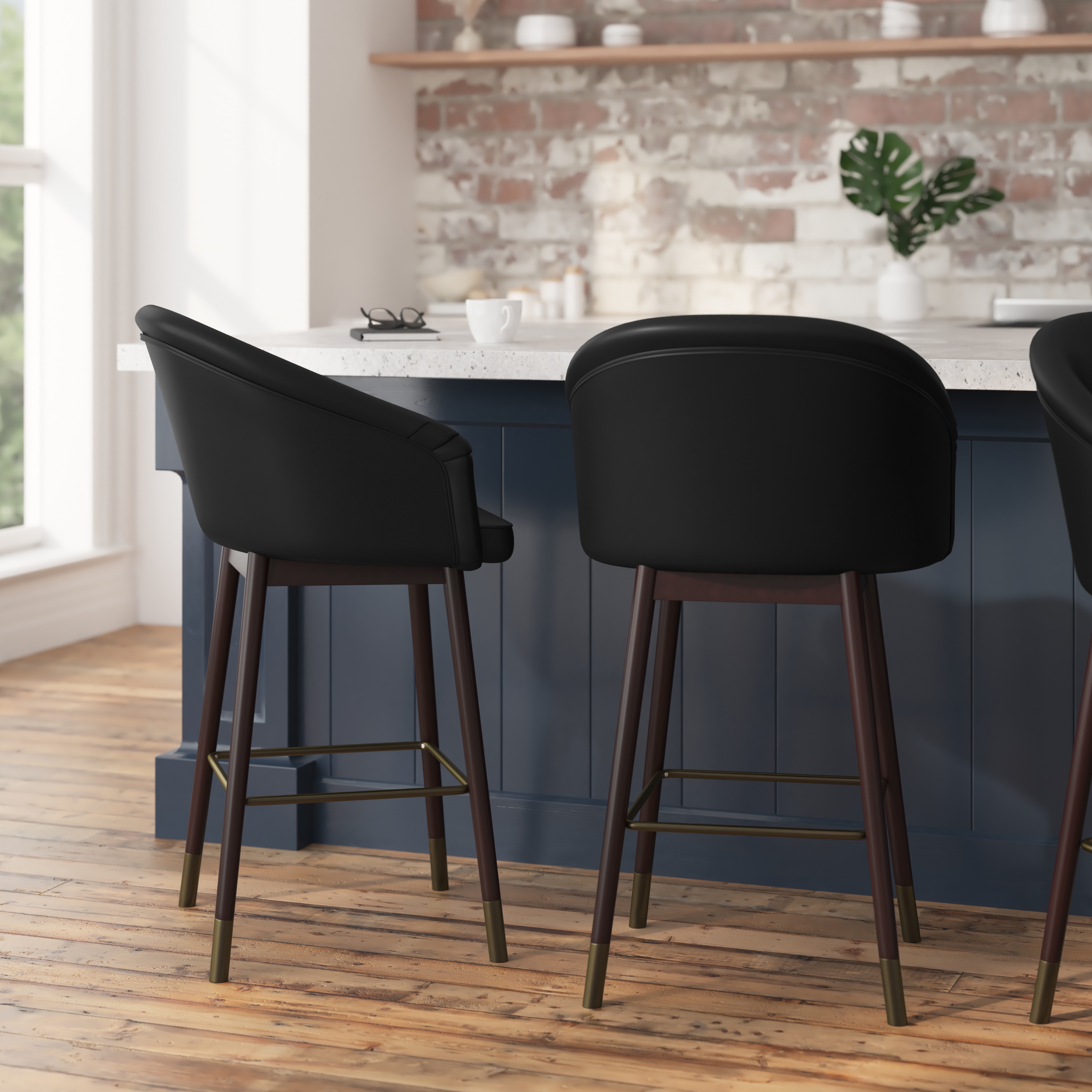 Brida Black Faux Leather and Walnut Counter Stool