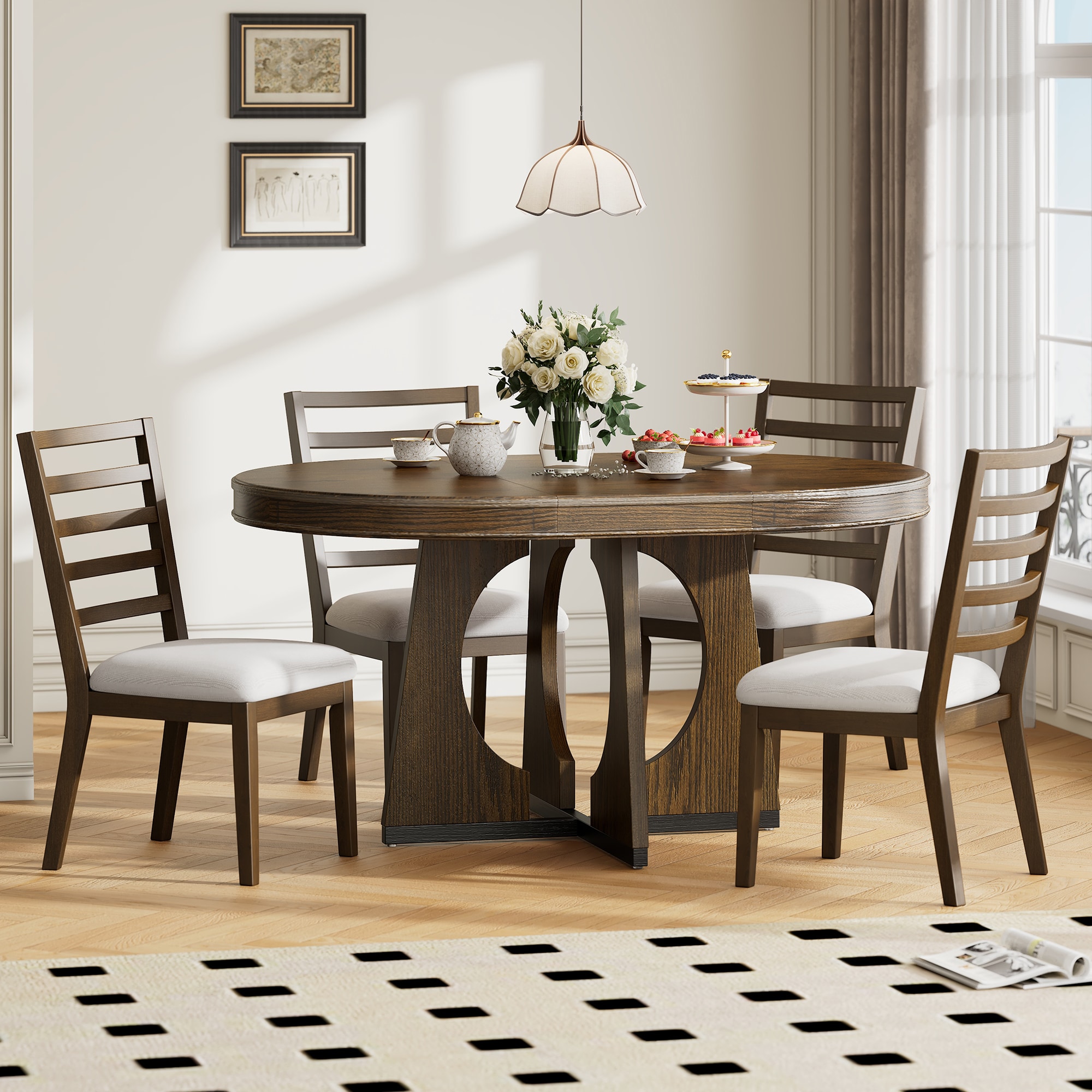ModernLuxe ST000131AAP Round Dining Table for 4 with Chairs Set Extendable Dining Table Set with 16inch Removable Middle Leaf 5 Piece Retro Dining Table Set Unique Geometric Design for Kitchen Dining Room Walnut