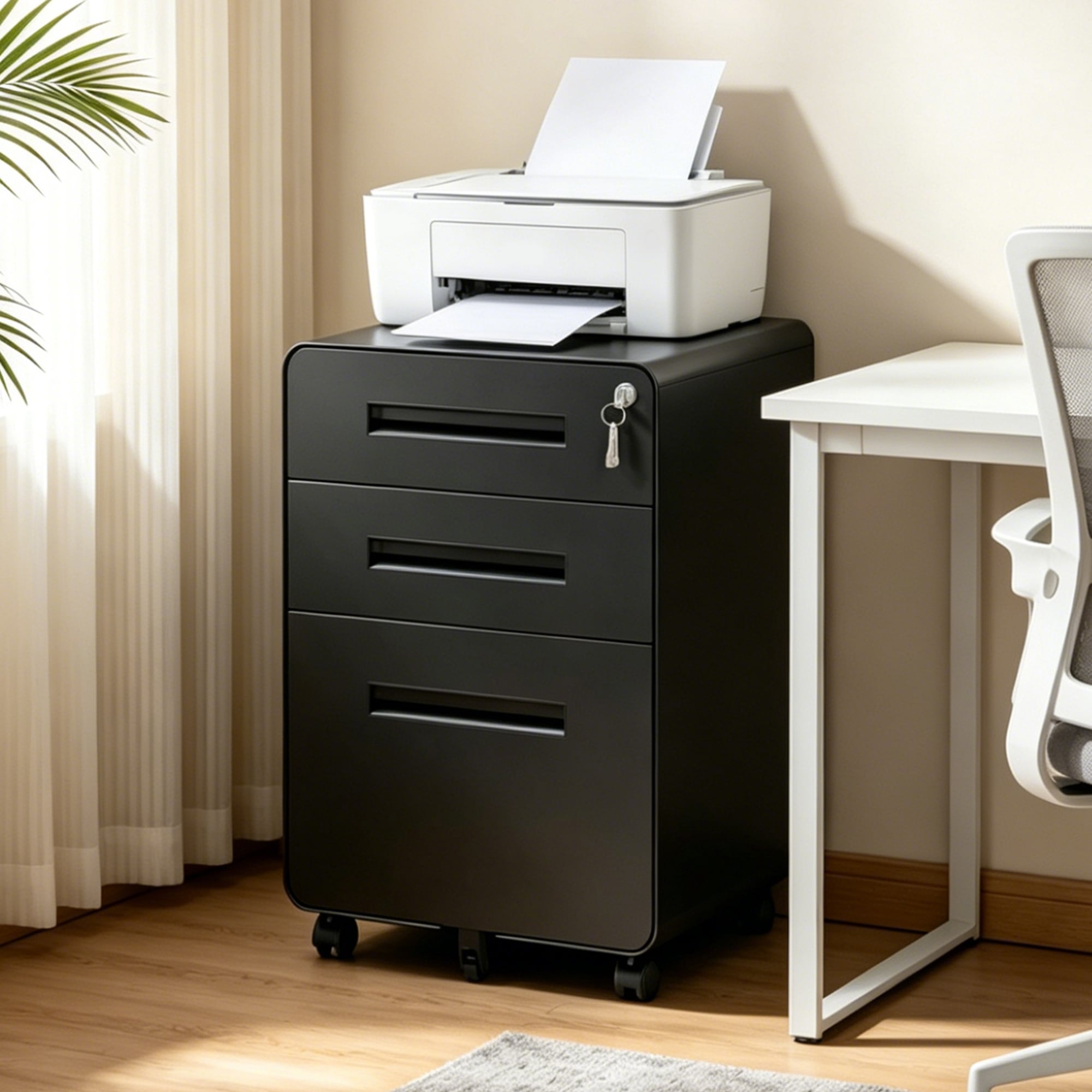 Tinyhomie - 3 Drawer Metal Mobile File Cabinet with Lock All-Steel Metal Storage Cabinet on 360 W...