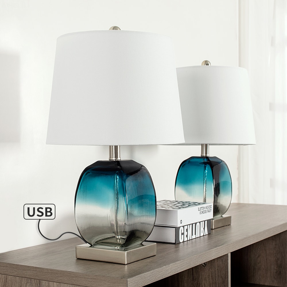 Maxax T16 Deluxe 20.5-in Blue and Clear LED Incandescent Rotary socket Table Lamp with Linen Shade 2 -Set