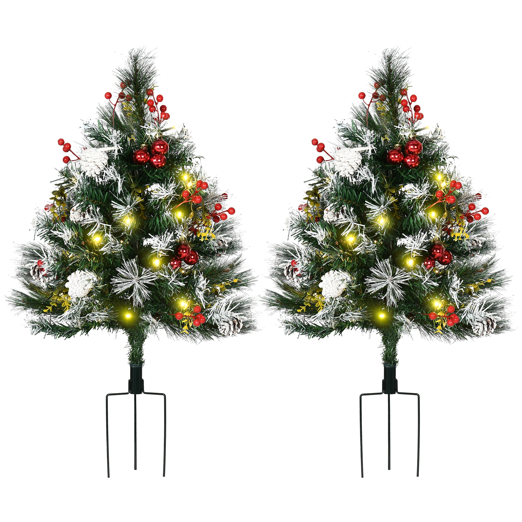 LOVMOR SF-M-W2225P229121 2.5 Ft 30Inch 2 Pack Outdoor Entryway PreLit Artificial Christmas Tree Cordless with 70 Branches Warm White LED lights Red Berries Pine Cones Balls Green