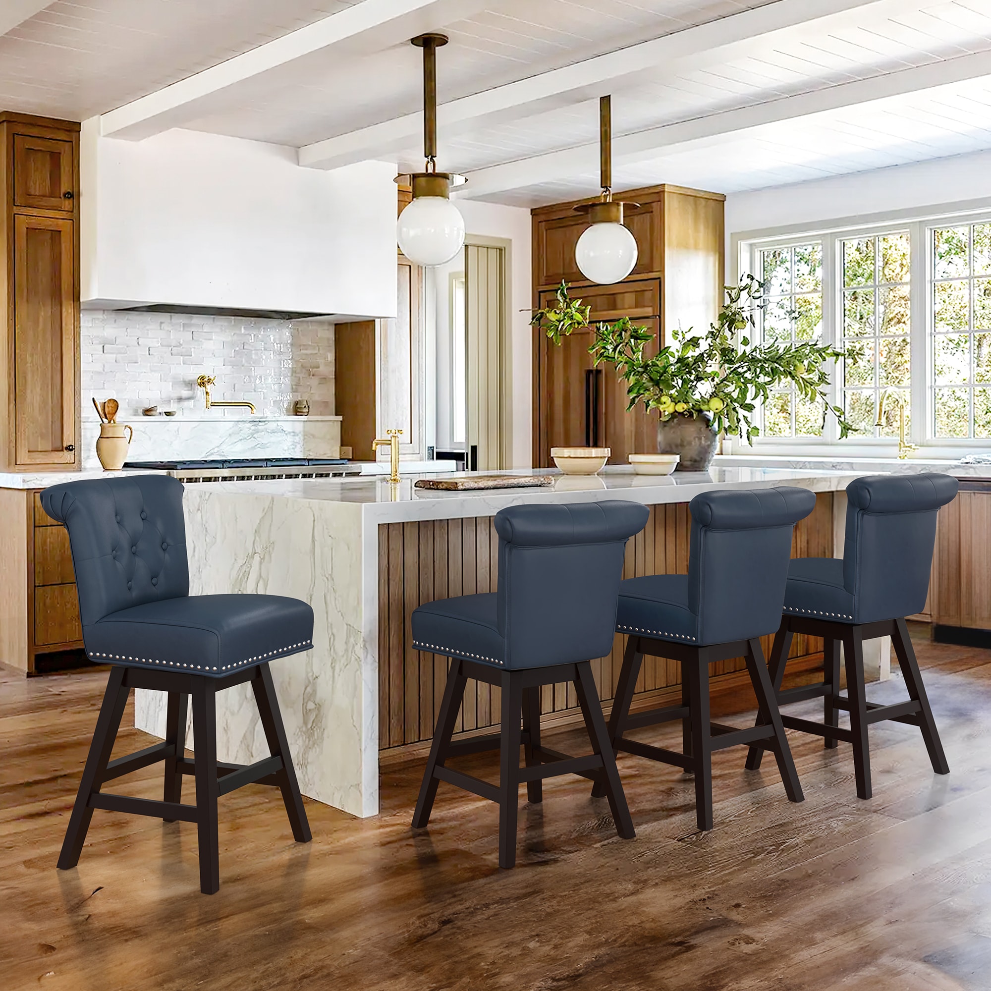 LUE BONA 4YB-015-03LS 4 -Set Blue/Faux leather 25.8-Inches H Counter height Square seat Upholstered Swivel Wood Bar Stool and Back
